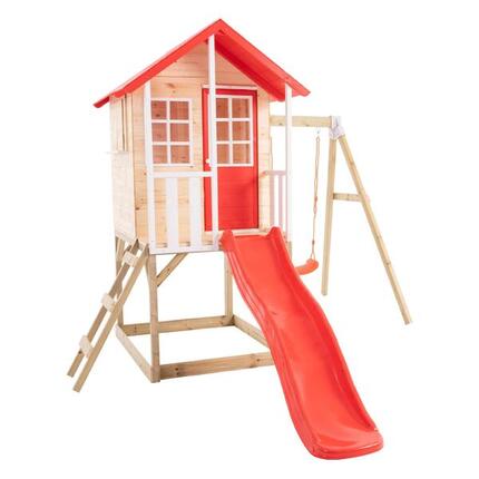 Spielhaus auf Stelzen mit Plattform + Rutsche + 1 Schaukel COQUELICOT braun FSC®