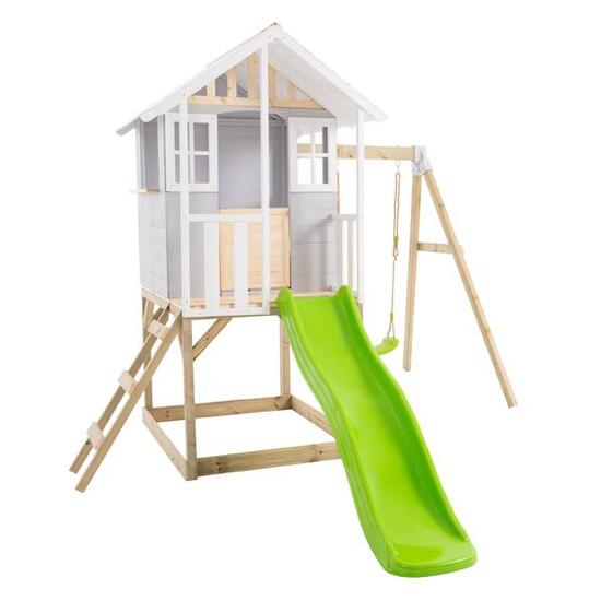 Spielhaus auf Stelzen mit Plattform + Rutsche + 1 Schaukel PERCE-NEIGE grau FSC®