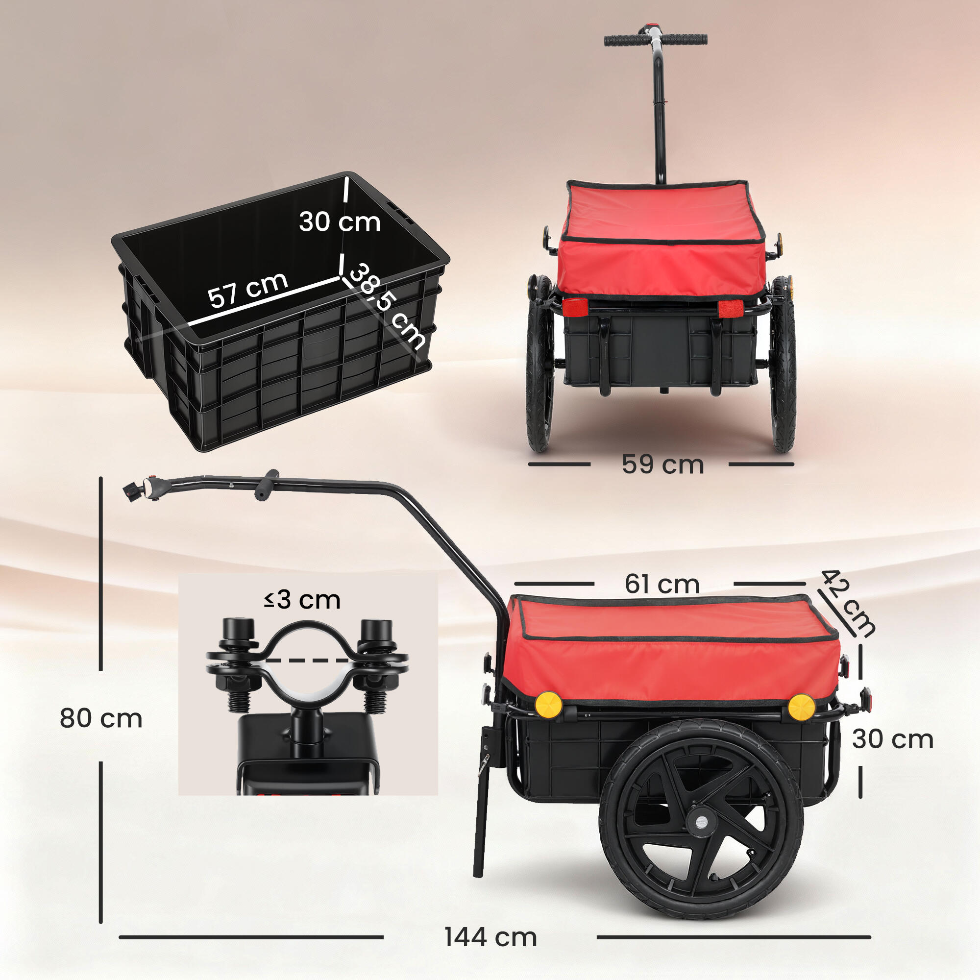 Reboque para Bicicleta HOMCOM Vermelho e Preto 3/5