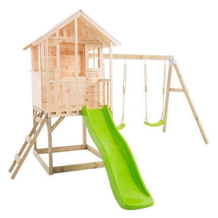 Spielhaus auf Stelzen mit Plattform + Rutsche + 2 Schaukeln BASILIC braun FSC®
