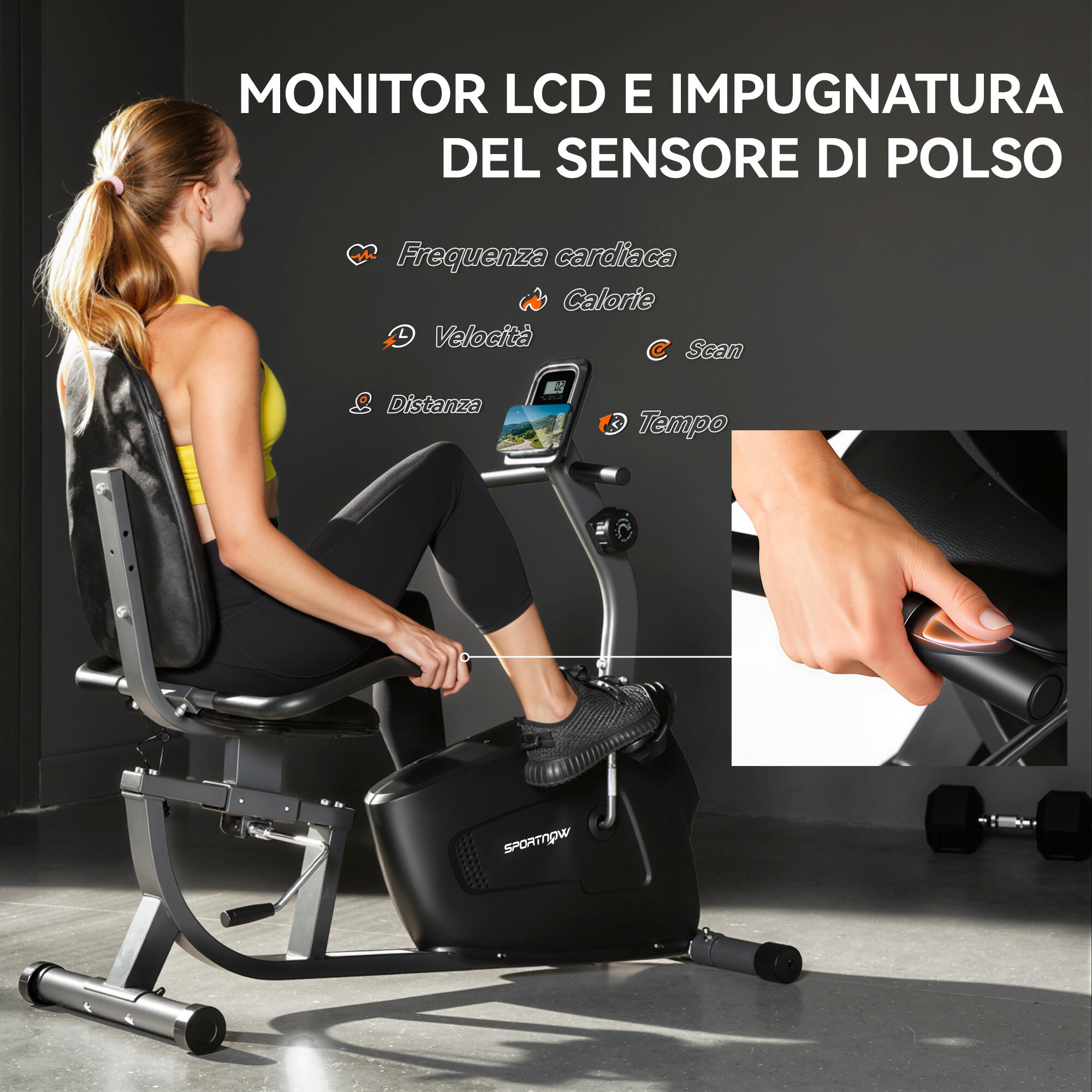 SPORTNOW Cyclette Recumbent con 8 Livelli di Resistenza e Rilevazione Battito 5/8