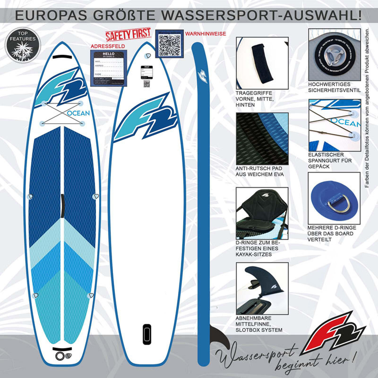 F2 Marken Stand Up Paddle Board Ocean Blau SUP 10'5 320cm + Basic Zubehör Paket 2/5