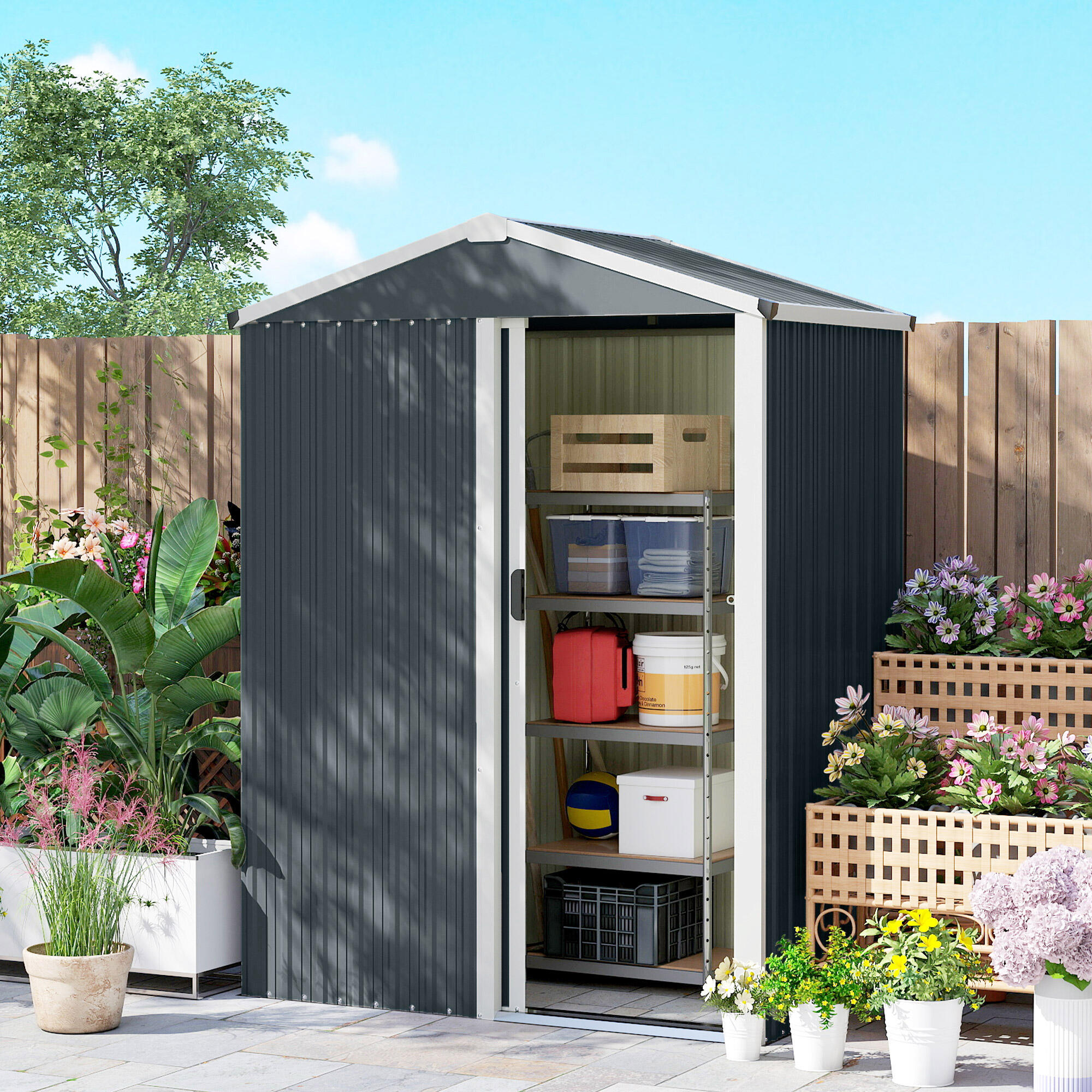 Caseta de Jardín Outsunny 136x87x179 cm Gris oscuro 4/5