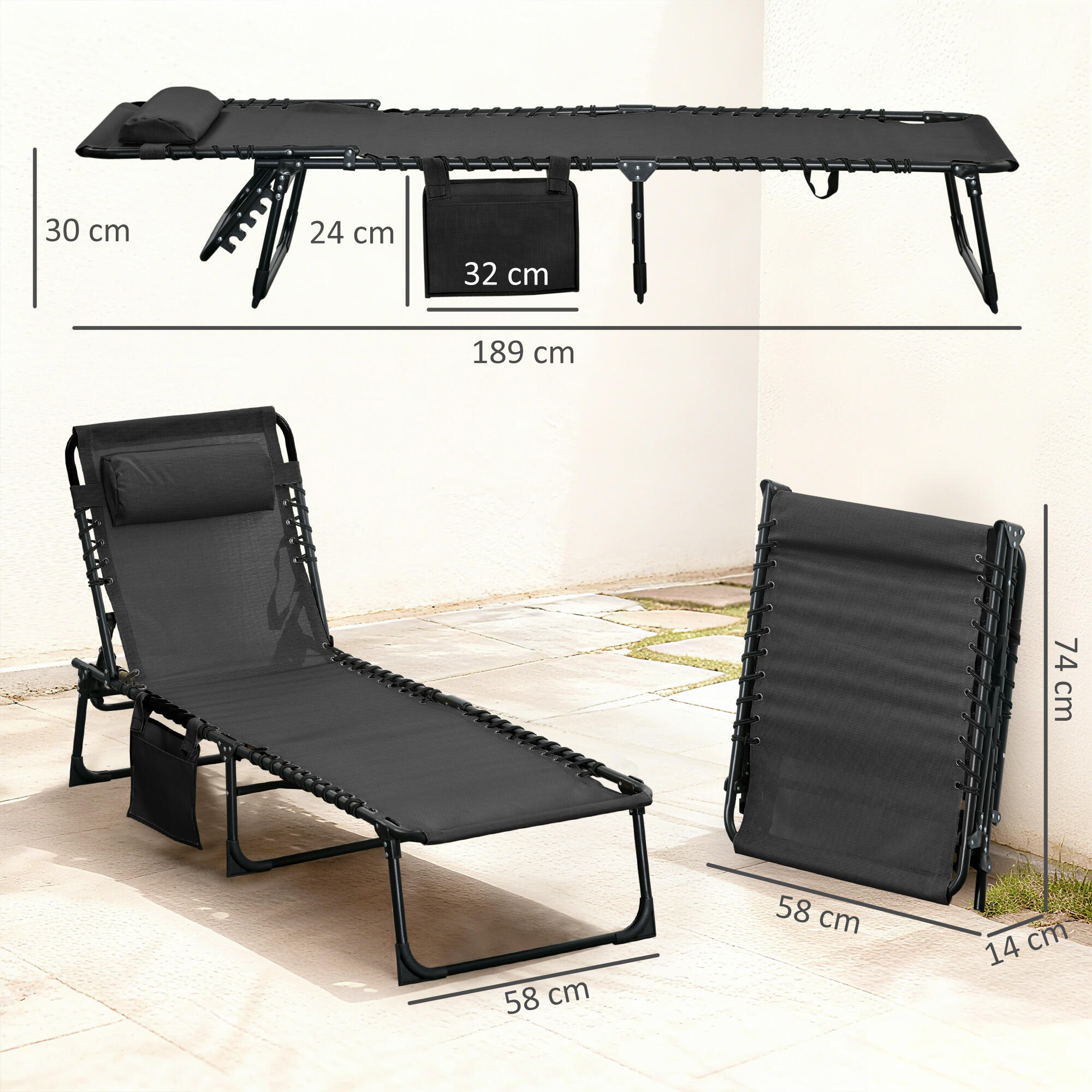 Outsunny Sdraio da Esterno Pieghevole con 5 Reclinazioni e Cuscino Nero 3/7