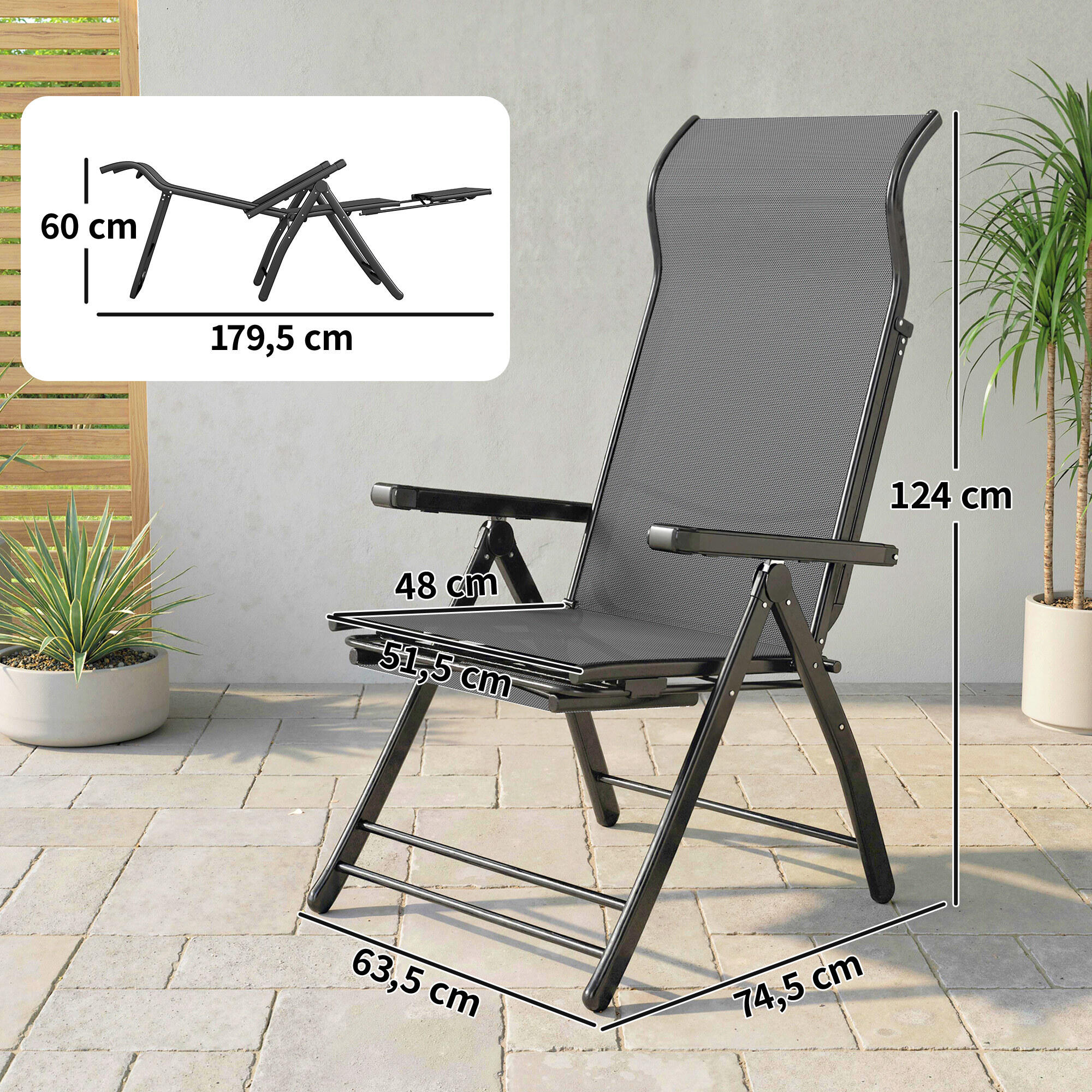 Sillas Plegables Reclinables Outsunny 179.5x63.5x60 cm Gris Oscuro 3/5