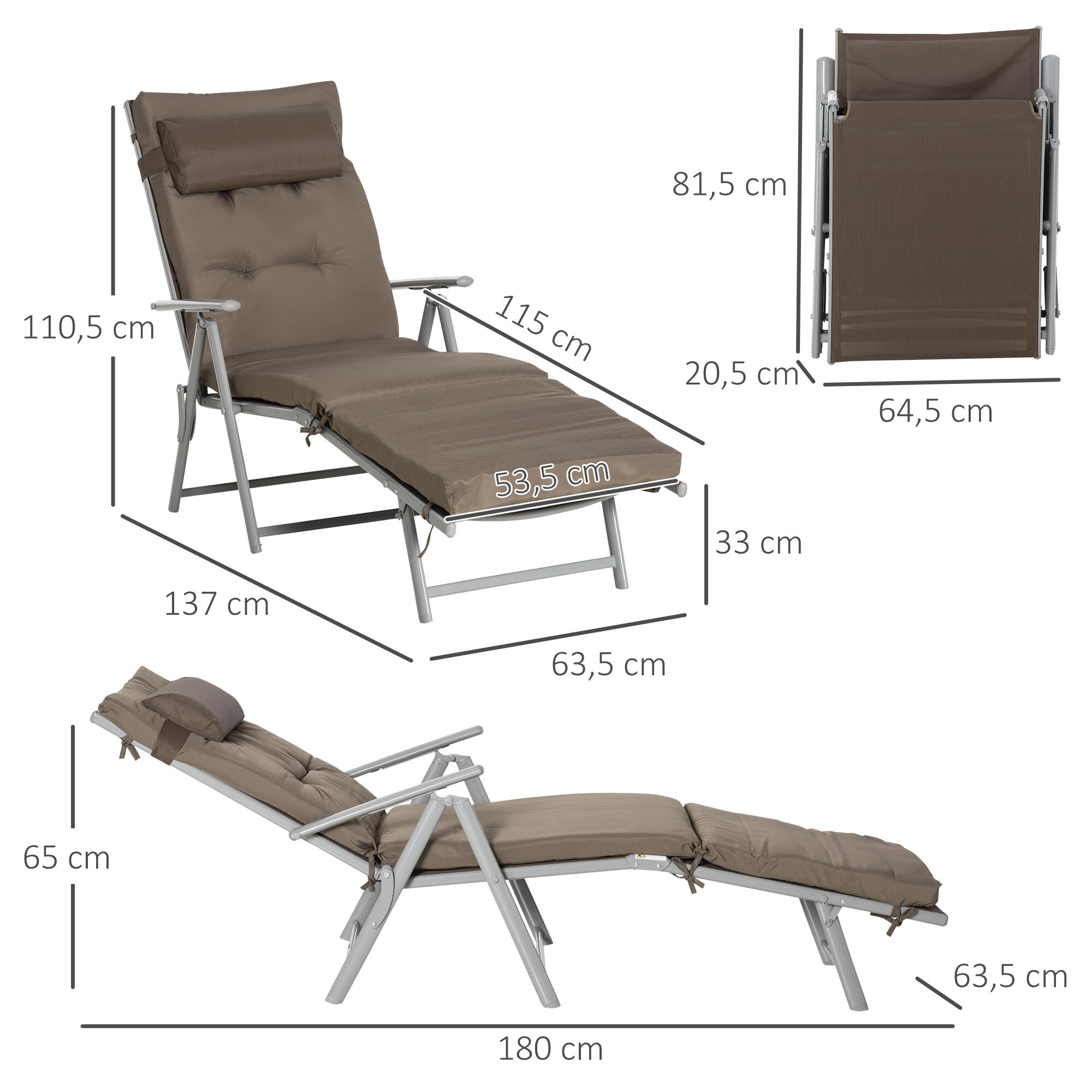 Espreguiçadeira Dobrável Outsunny Castanho 3/5