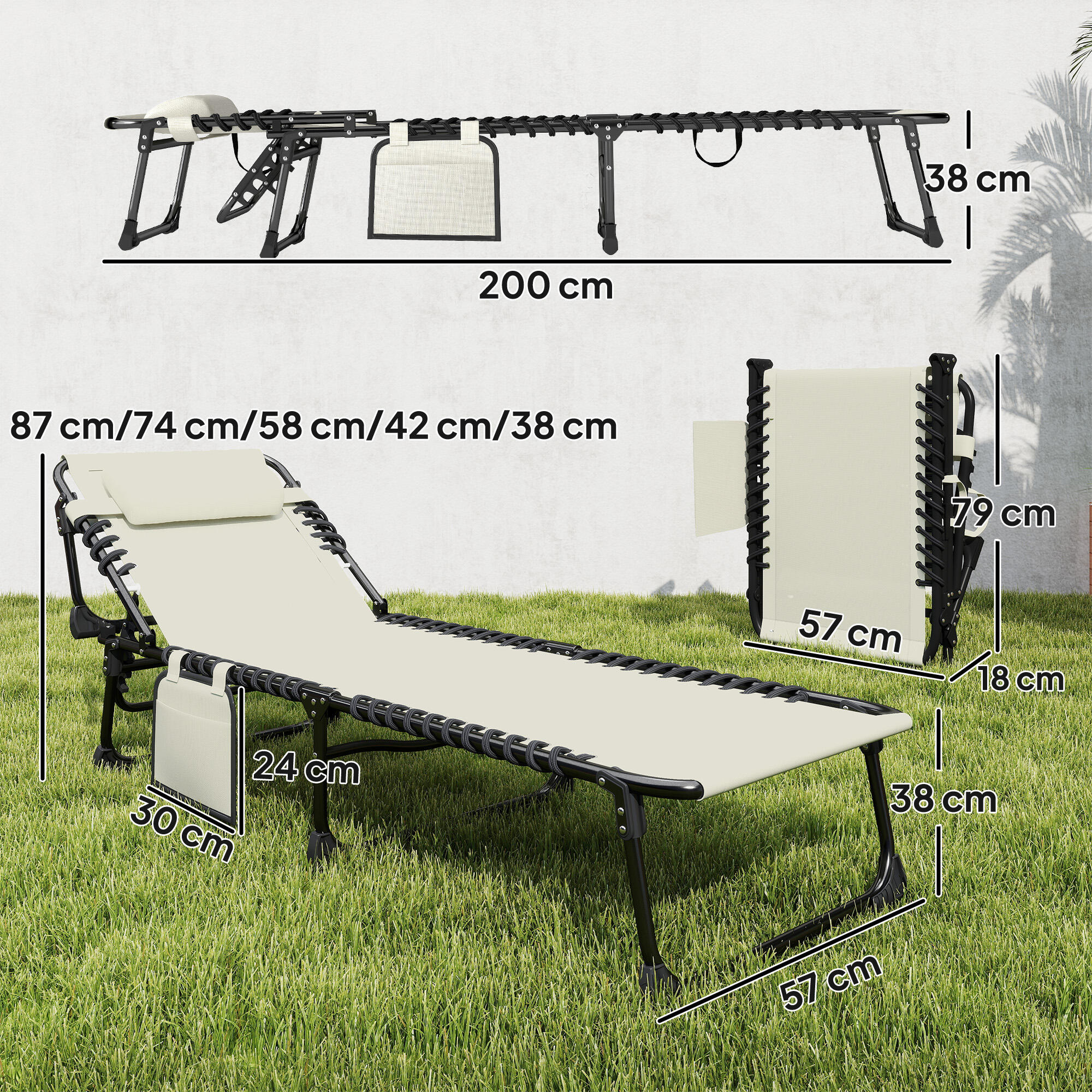 Conjunto de espreguiçadeiras 200x57x38 cm creme Outsunny 3/5