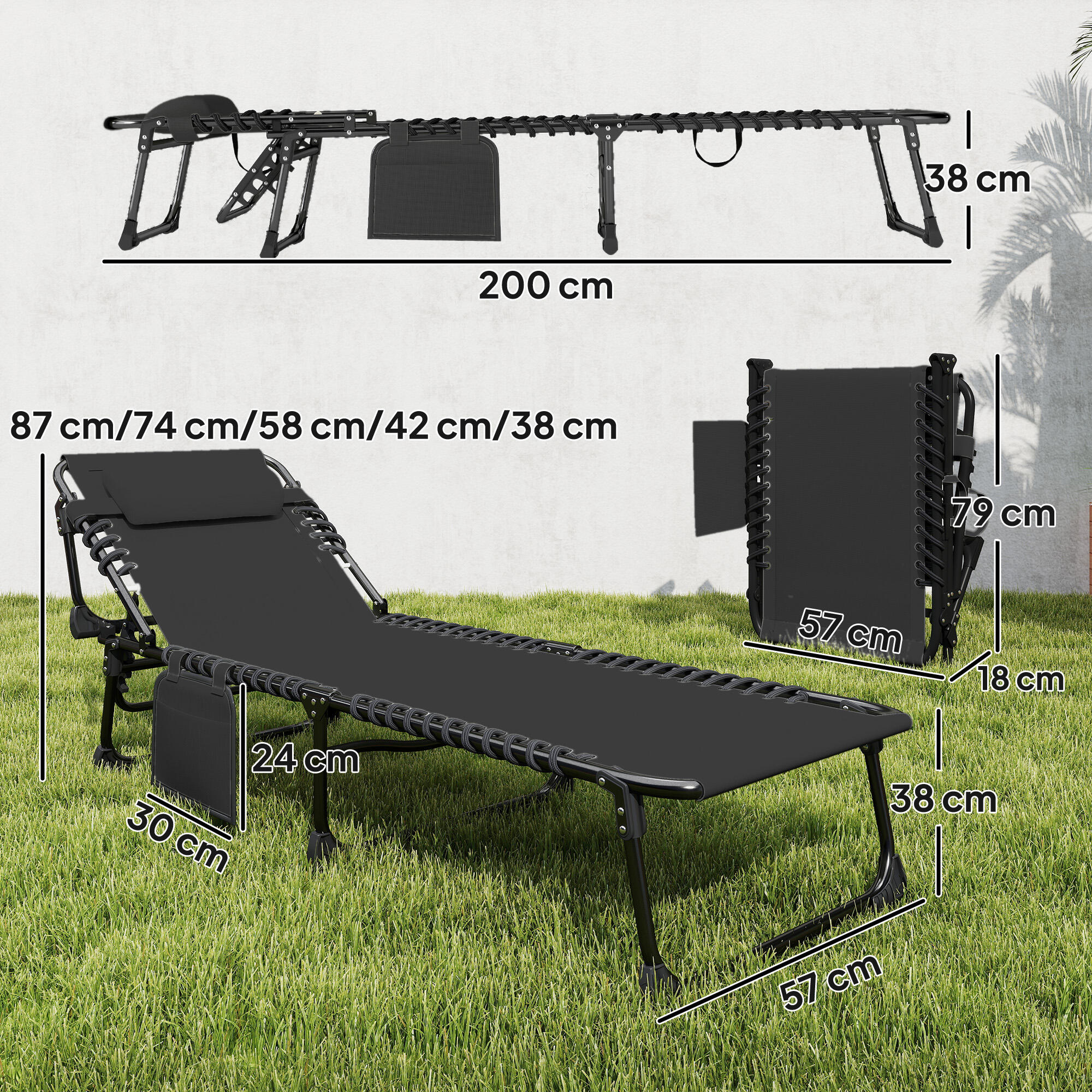 Conjunto de espreguiçadeiras 200x57x38 cm preto Outsunny 3/5