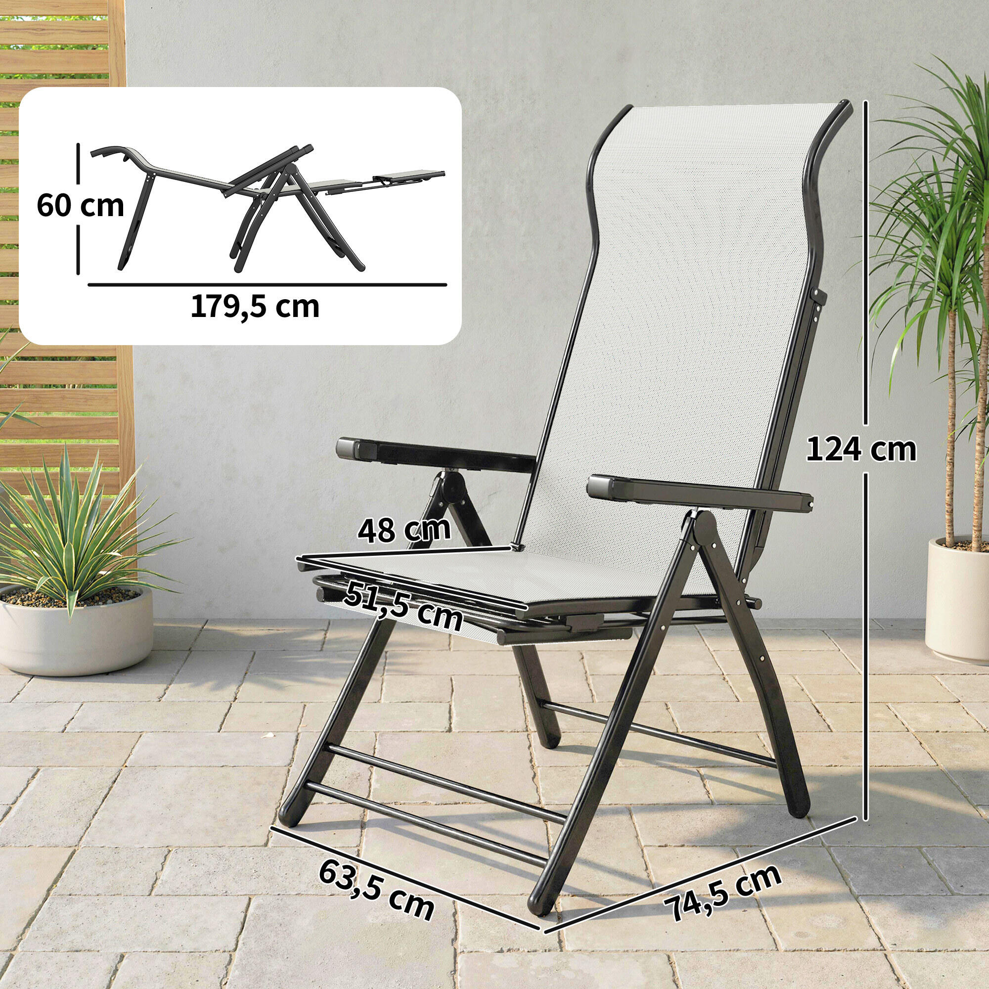 Sillas Plegables Reclinables Outsunny 179.5x63.5x60 cm Gris claro 3/5