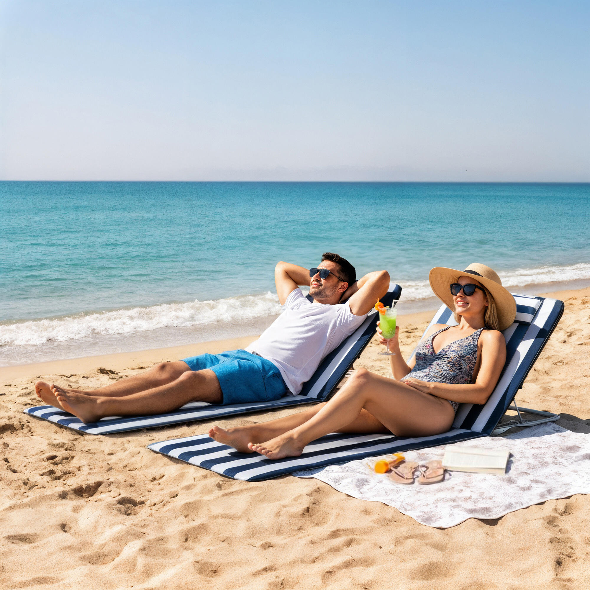 Esterillas de Playa Outsunny 134x48x43 cm Blanco y Azul 2/5