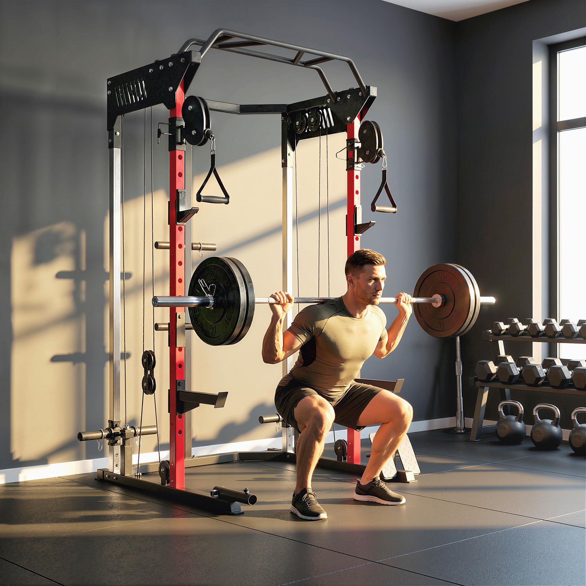 Cage à squats avec système de poulie réglable, barre de traction et station de d 3/9