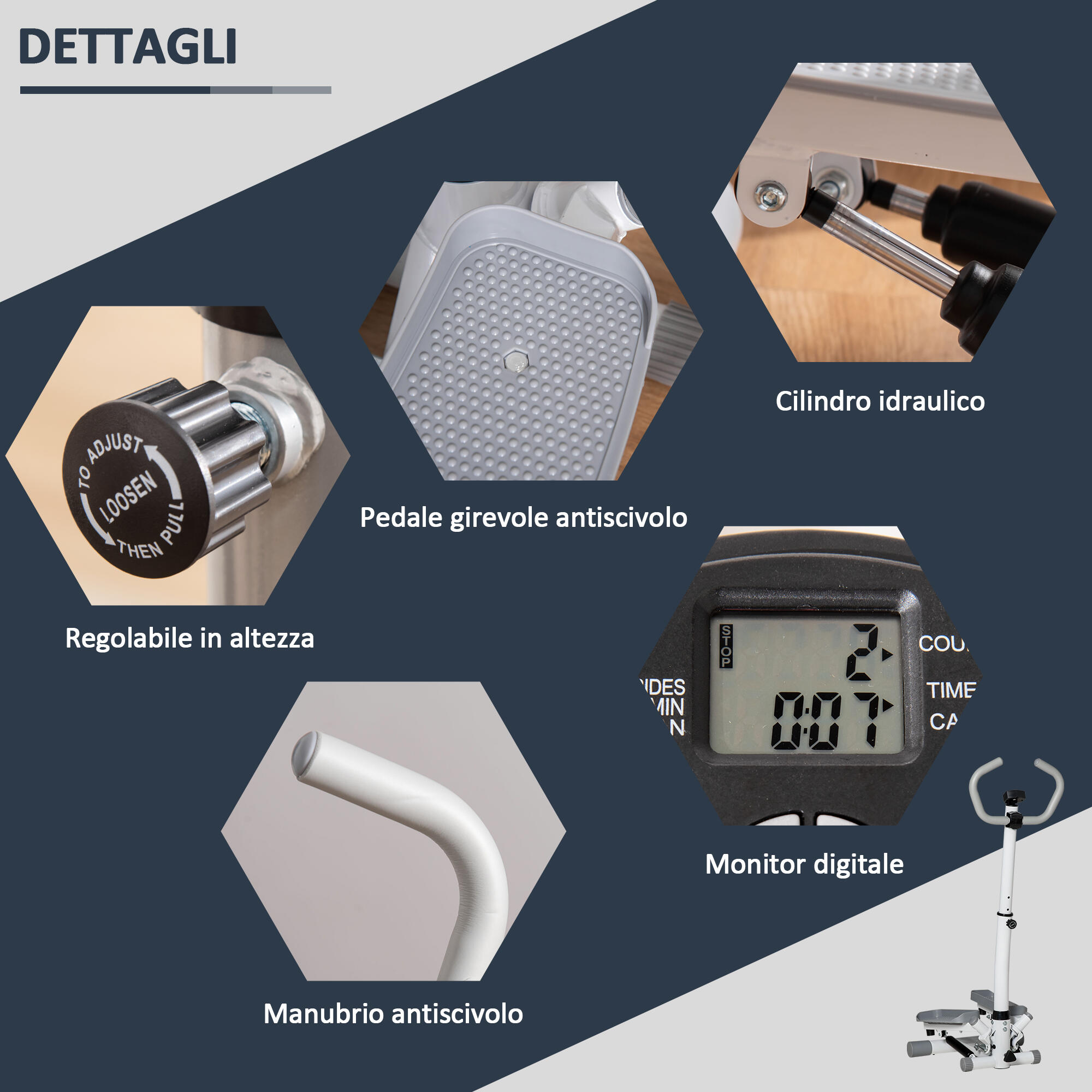 HOMCOM Stepper con Monitor LCD, Manubrio Regolabile ed Elastici Bianco e Grigio 4/7