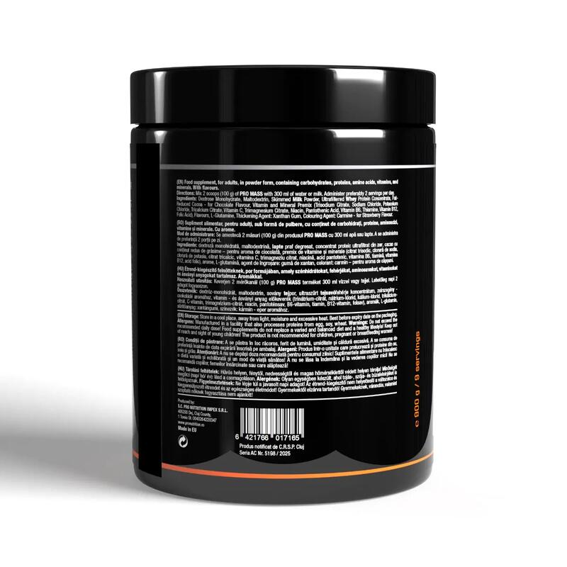 Gainer pentru creștere în greutate și masă musculară, Pro Mass, Ciocolată, 900g