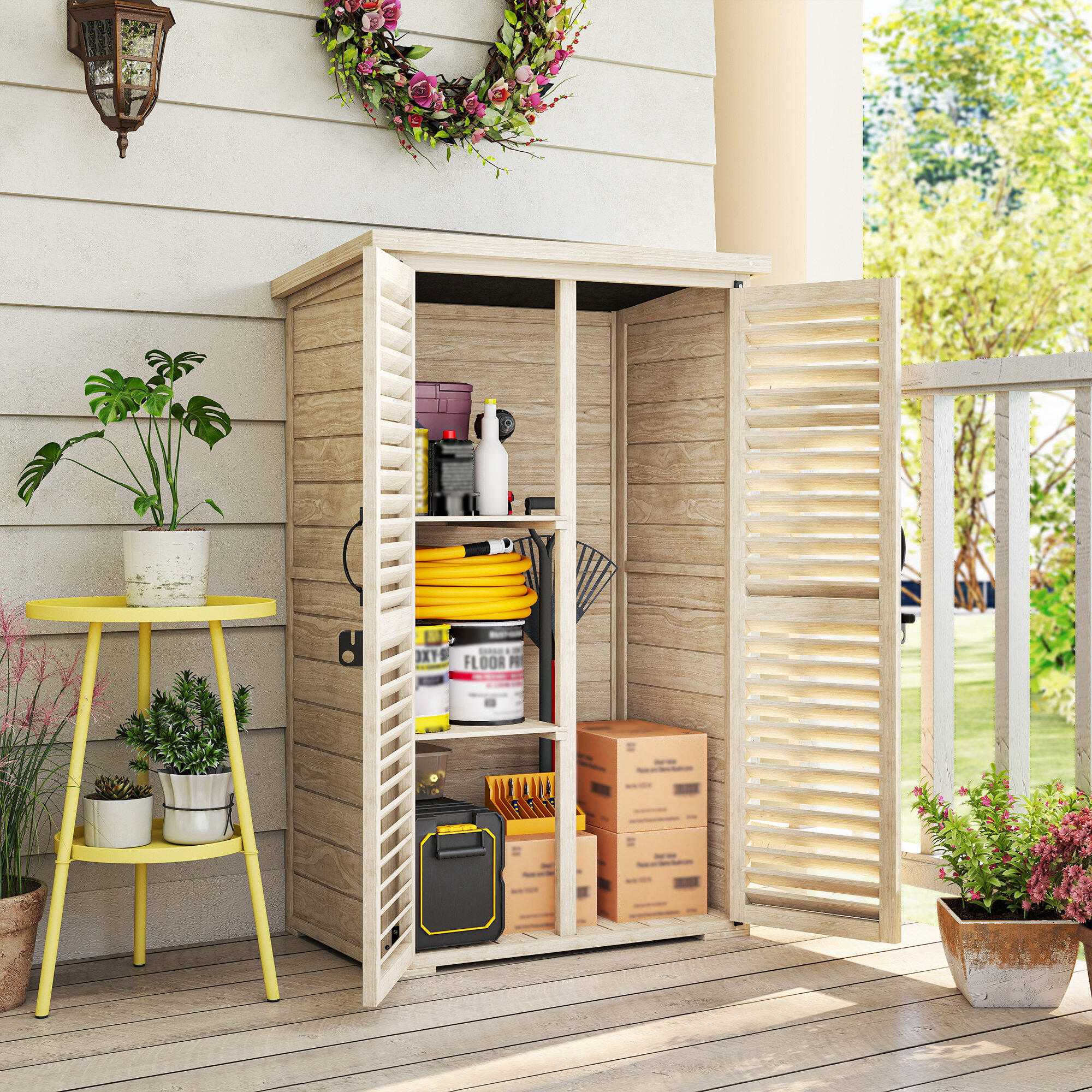 Armario de Jardín Outsunny 75x50x118 cm Madera Natural 2/5
