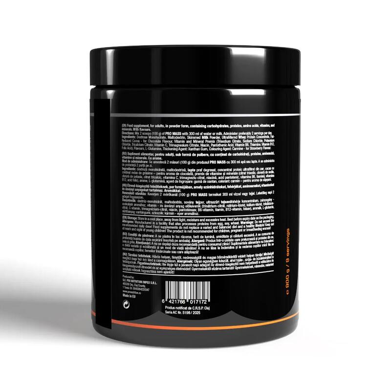 Gainer pentru creștere în greutate și masă musculară, Pro Mass, Vanilie, 900g