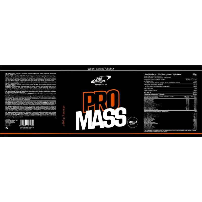 Gainer pentru creștere în greutate și masă musculară, Pro Mass, Vanilie, 900g