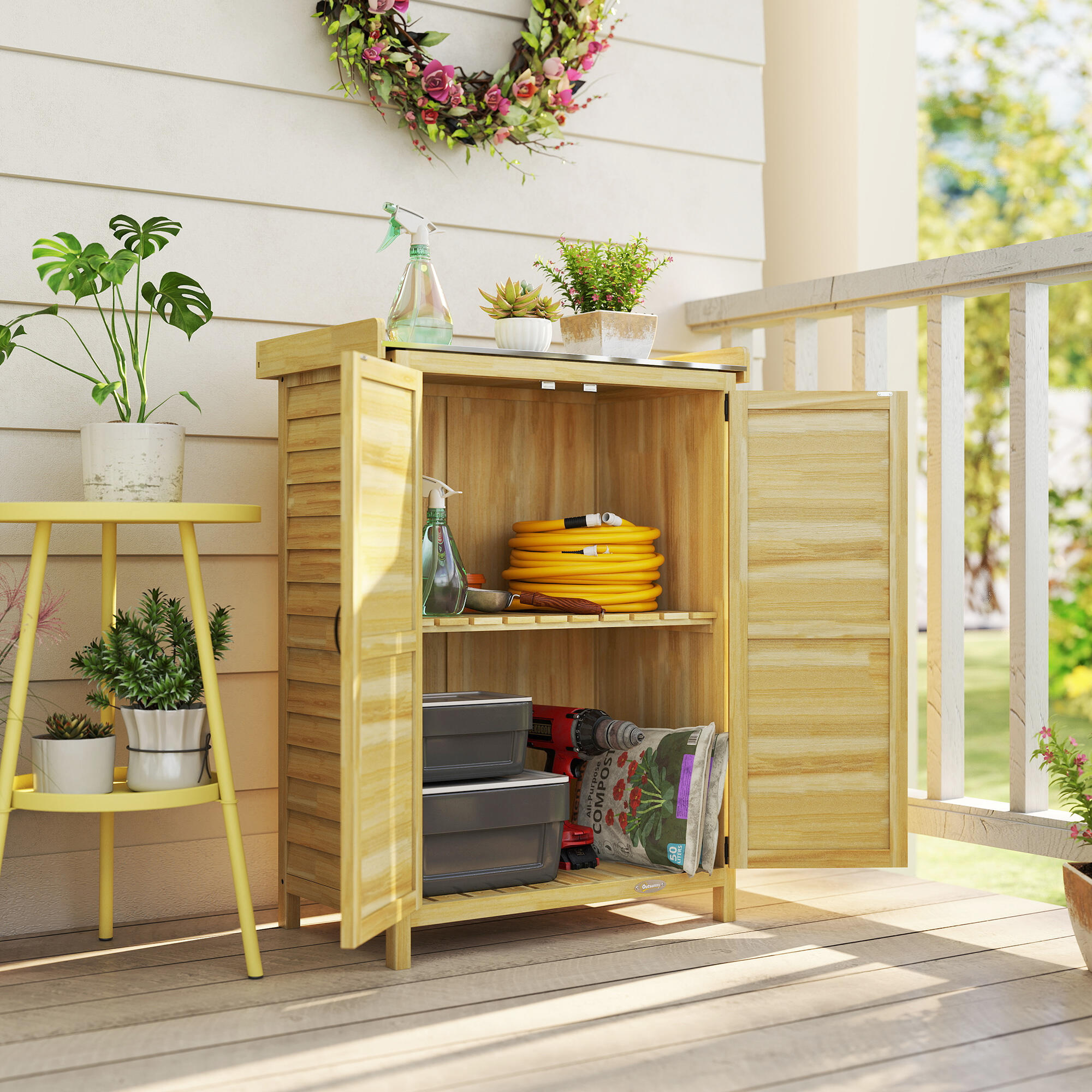 Caseta de Jardín Outsunny 71.5x39x95 cm Madera Natural 2/5