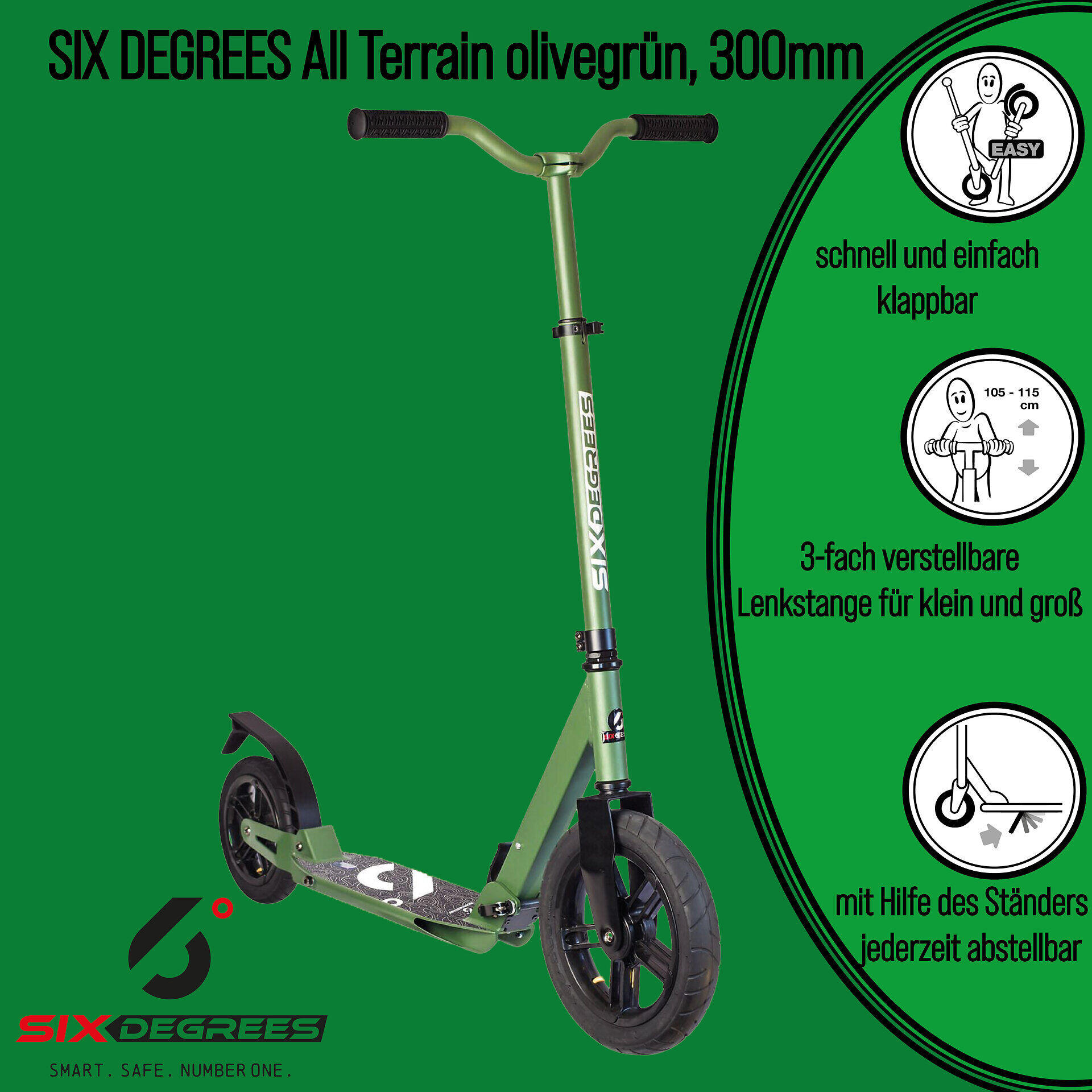 SIX DEGREES Aluminium Scooter All Terrain 300/205 mm olivgrün 2/7