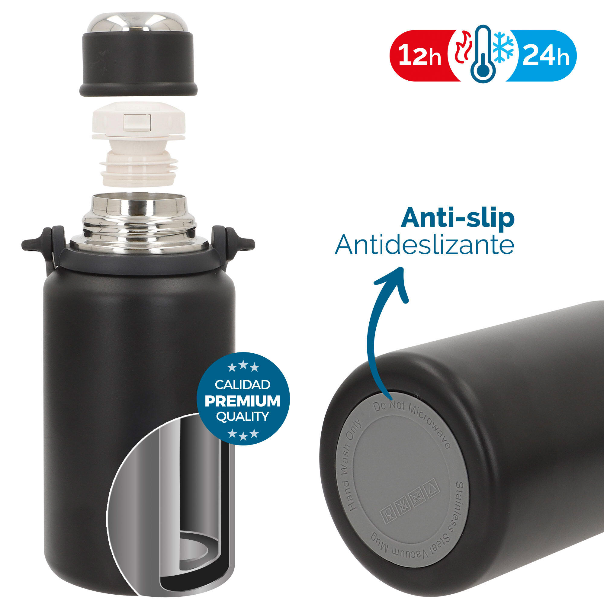 Aktive Garrafa térmica preta de aço inoxidável de 900 ml com tampa de rosca 3/7