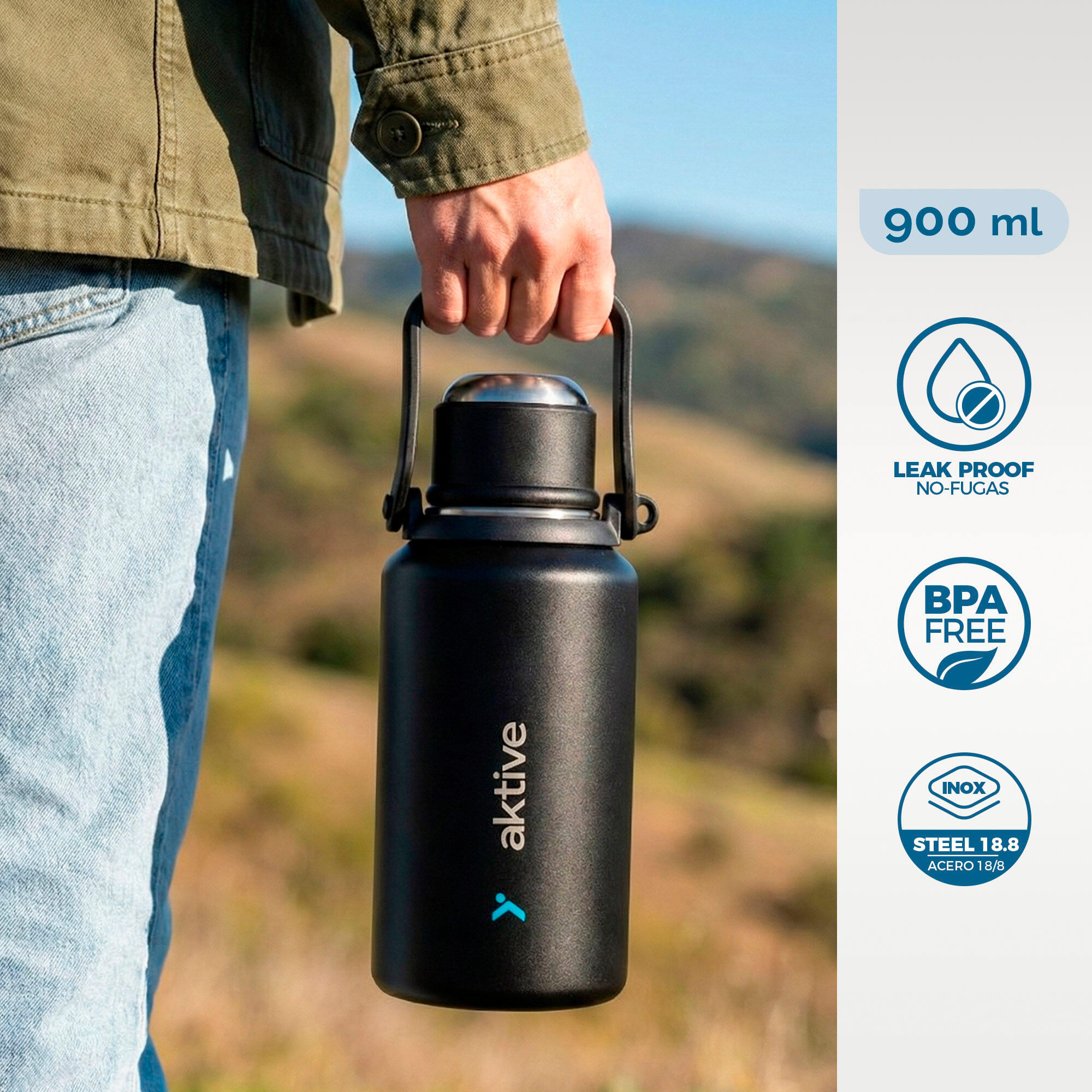 Aktive Garrafa térmica preta de aço inoxidável de 900 ml com tampa de rosca 2/7