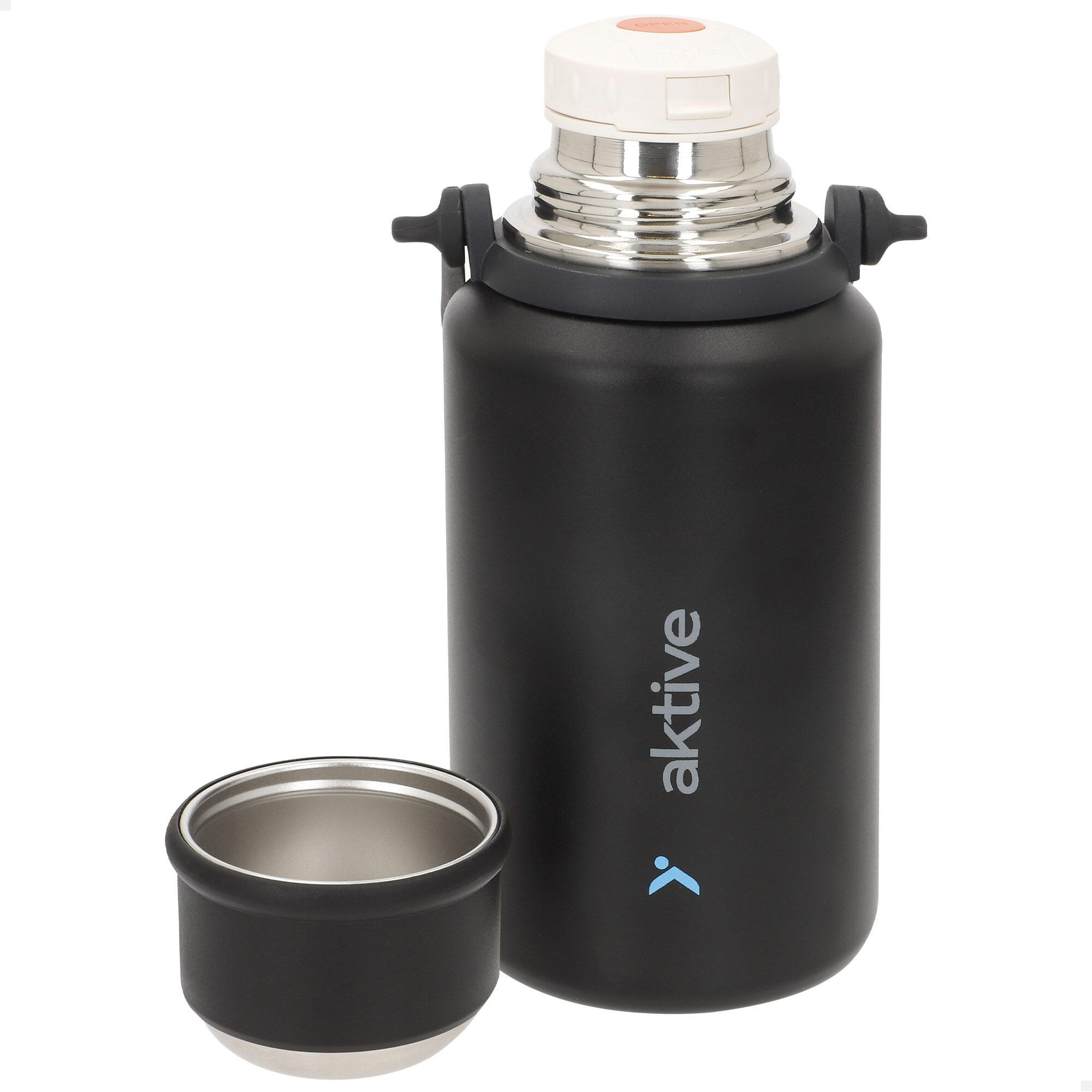 Aktive Garrafa térmica preta de aço inoxidável de 900 ml com tampa de rosca 1/7