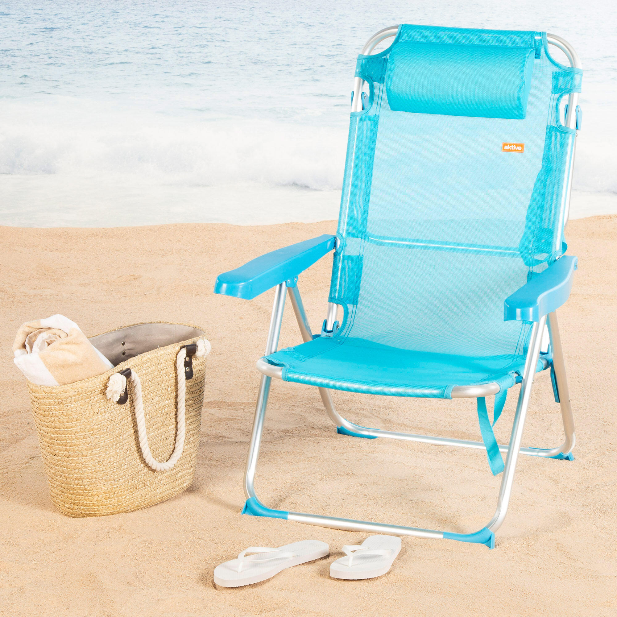 Aktive Sedia da spiaggia alta multiposizione 48x60x90 cm blu 2/7