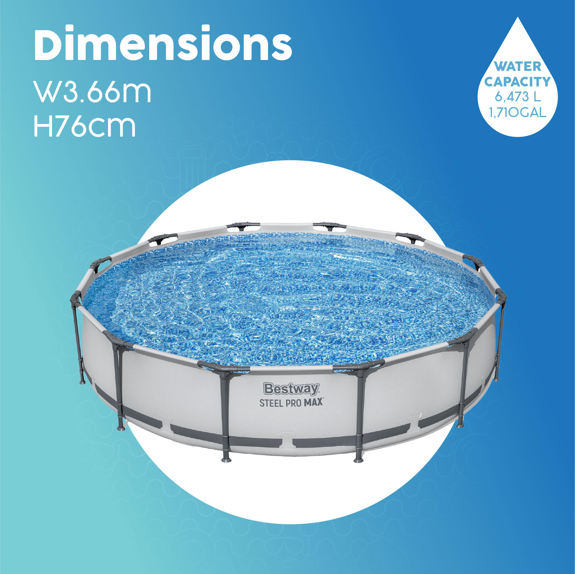 Bestway 12ft Steel Pro Max Round Pool Set, Swimming Pool, White 6/7