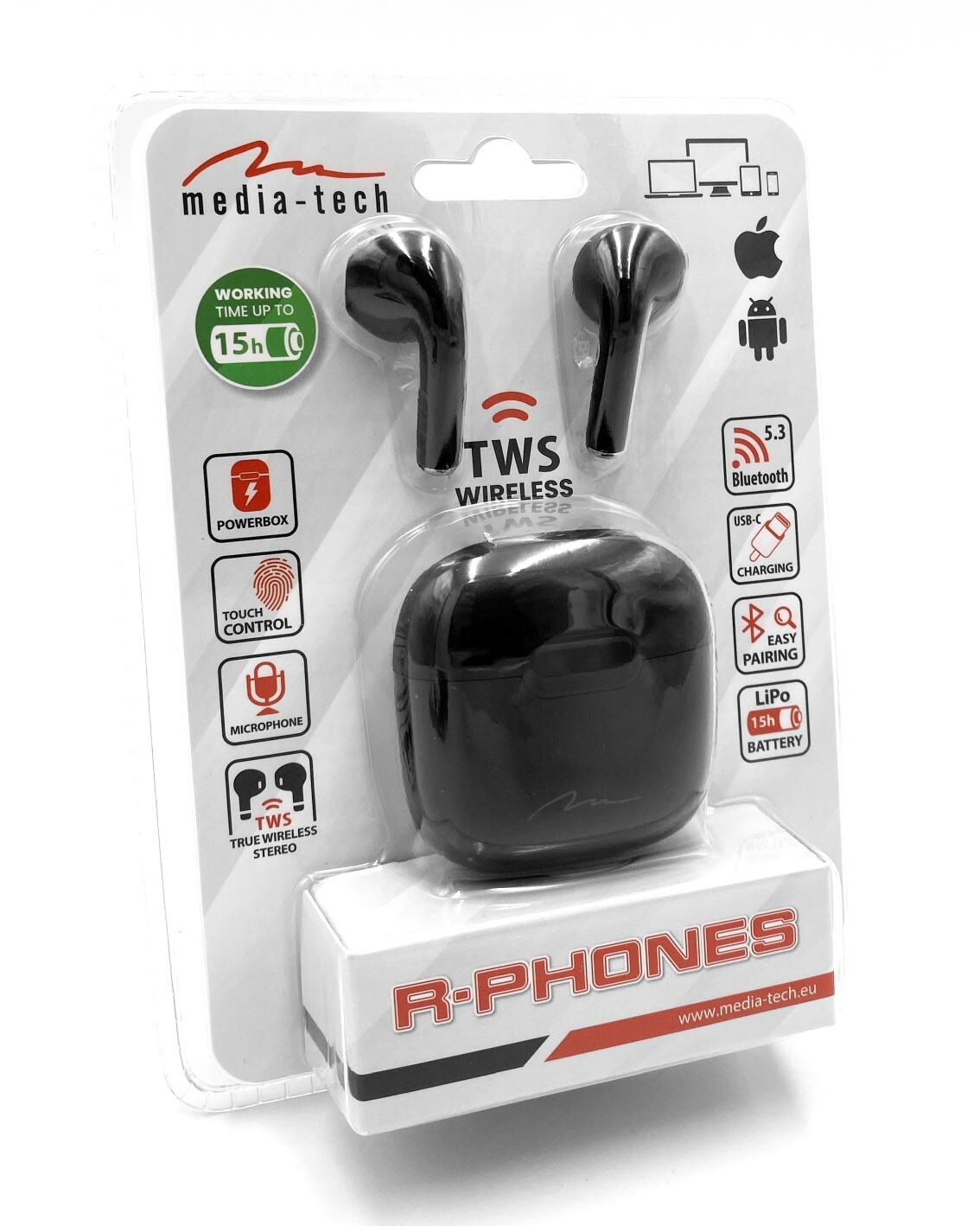 Słuchawki Douszne Bluetooth R-PHONES TWS MT3589K V2.0 czarne z etui USB-C 4/5