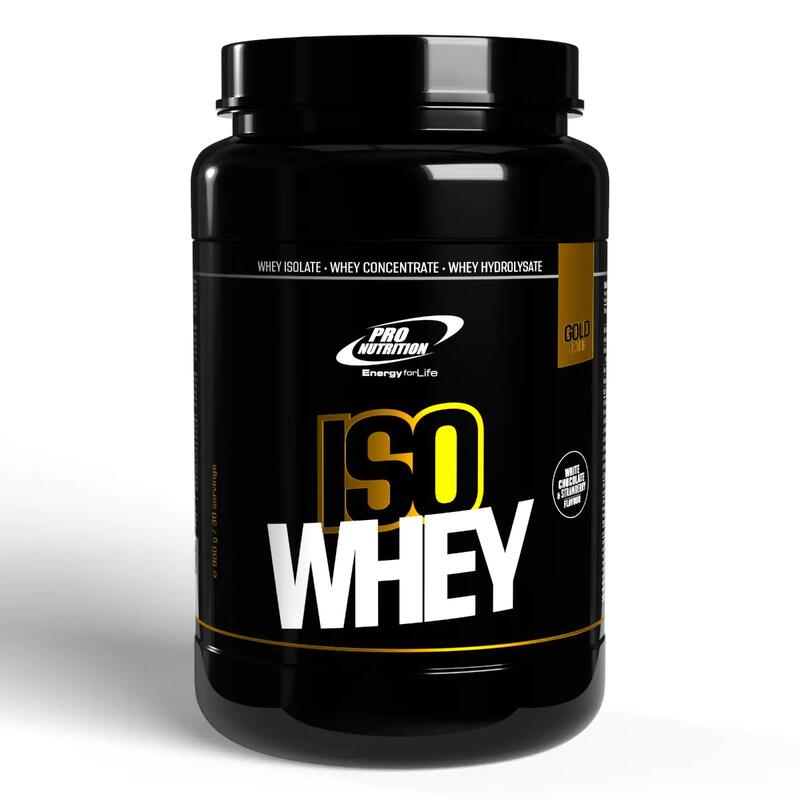 Iso Whey Gold - concentrat, izolat, hidrolizat, Ciocolată albă și căpșuni, 900g