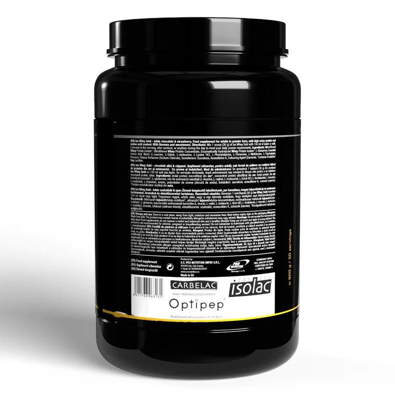 Iso Whey Gold - concentrat, izolat, hidrolizat, Ciocolată albă și căpșuni, 900g