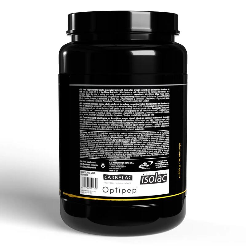 Iso Whey Gold - concentrat, izolat, hidrolizat, Ciocolată și mentă, 900g