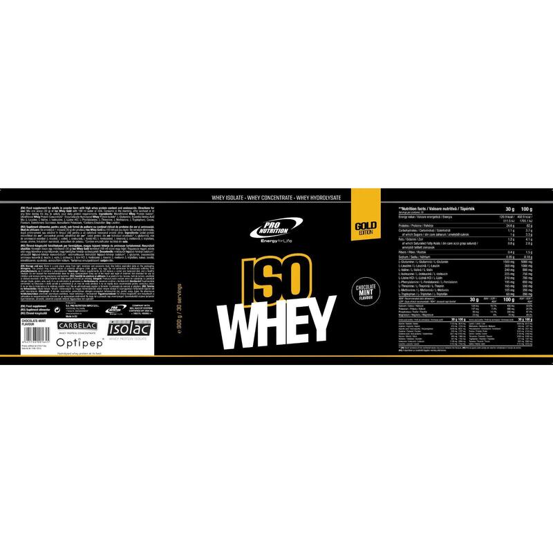 Iso Whey Gold - concentrat, izolat, hidrolizat, Ciocolată și mentă, 900g
