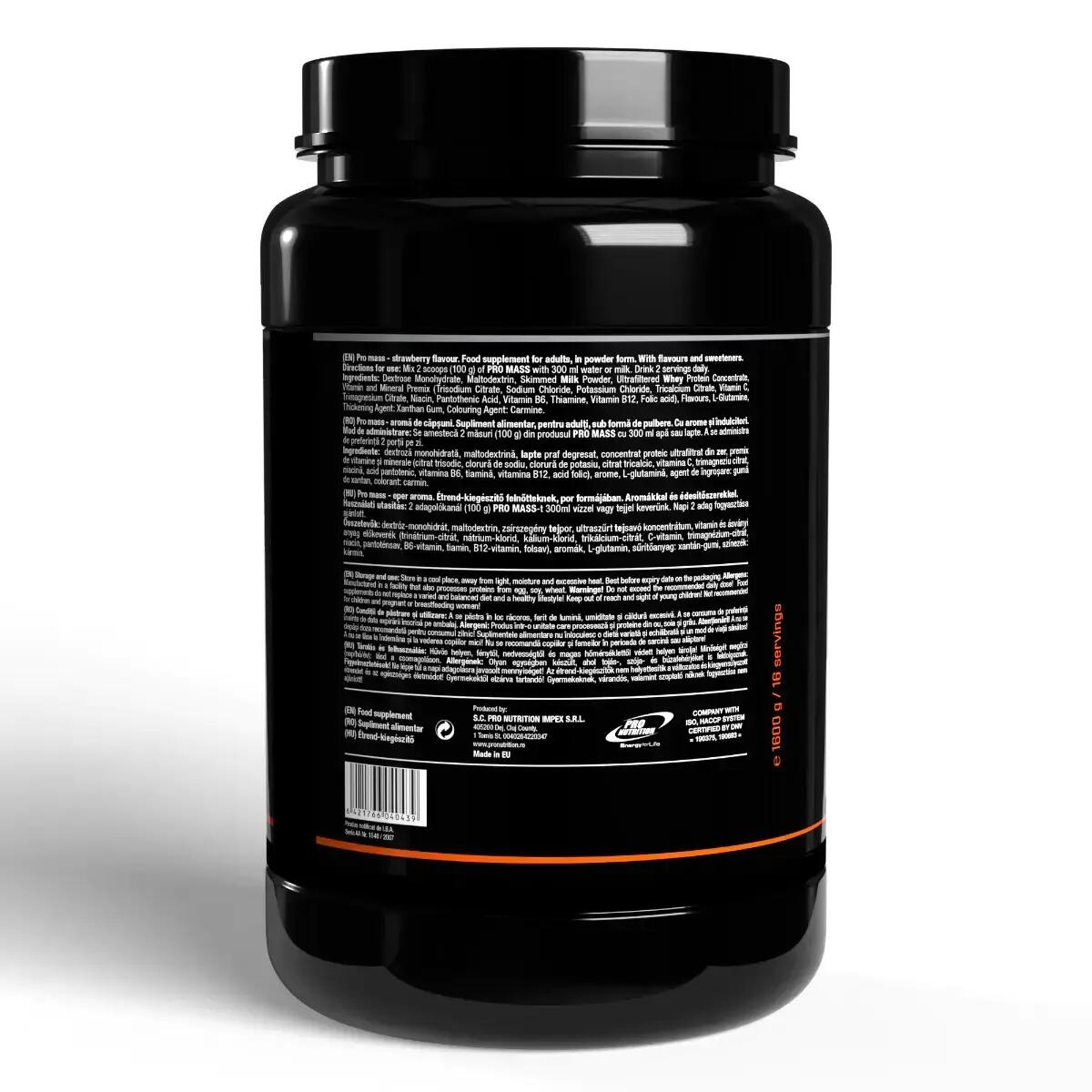 Gainer pentru creștere în greutate și masă musculară, Pro Mass, Căpșuni, 1600g 3/4