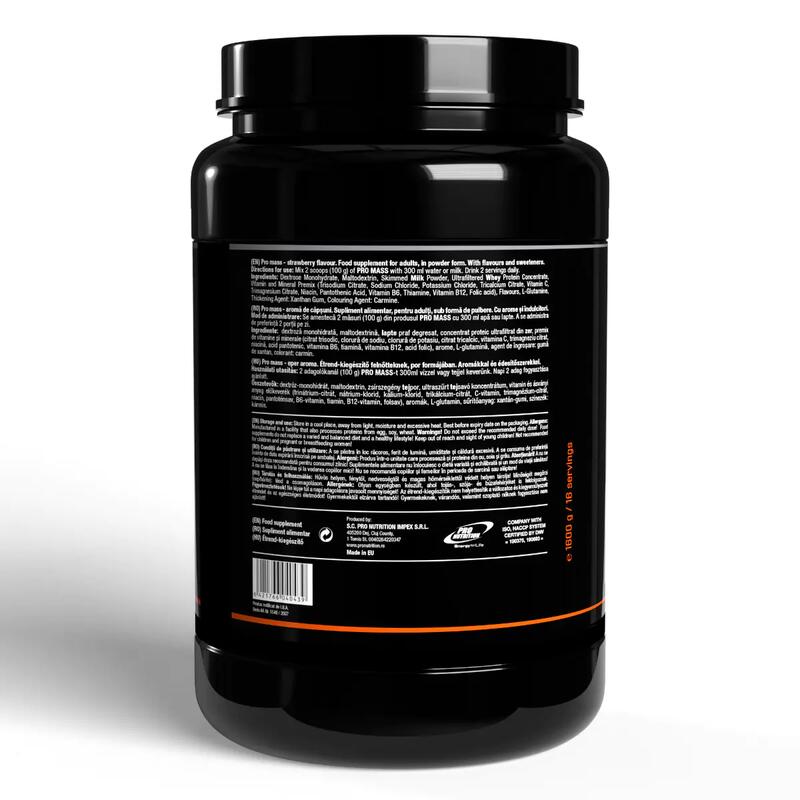 Gainer pentru creștere în greutate și masă musculară, Pro Mass, Căpșuni, 1600g