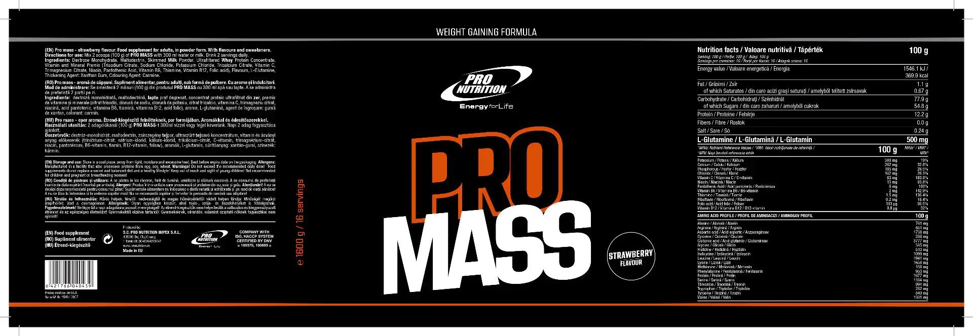 Gainer pentru creștere în greutate și masă musculară, Pro Mass, Căpșuni, 1600g 4/4