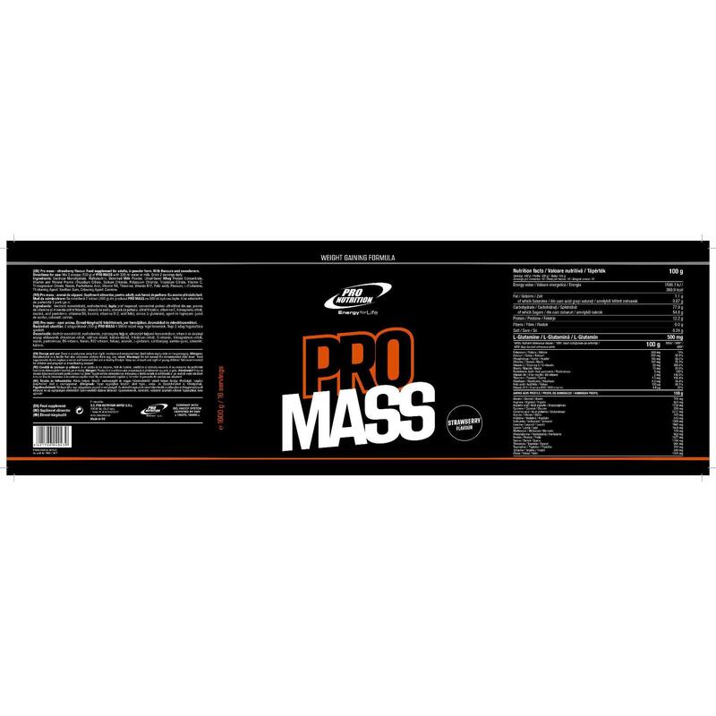 Gainer pentru creștere în greutate și masă musculară, Pro Mass, Căpșuni, 1600g