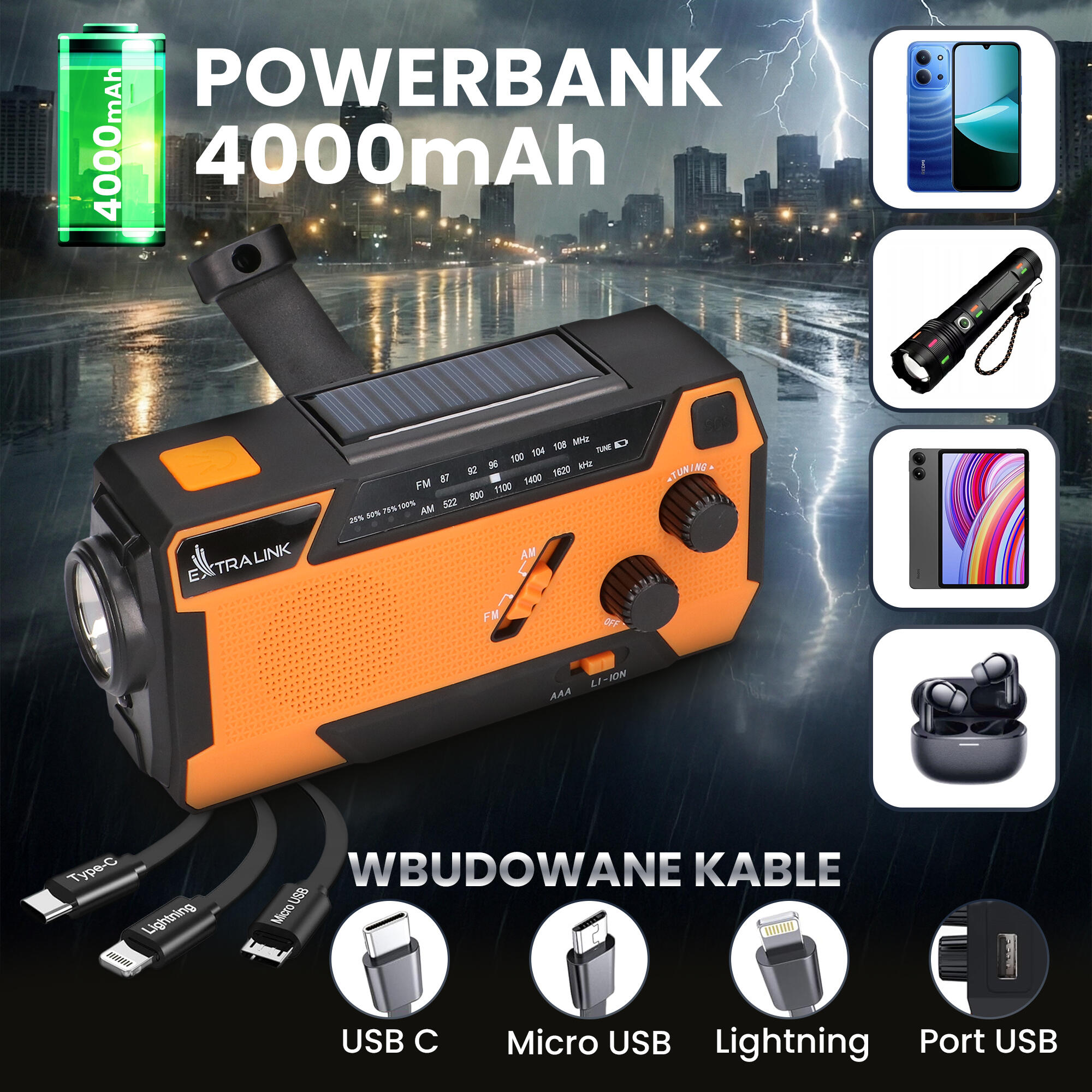 PRZENOŚNE RADIO SOLARNE KORBKA SOS DYNAMO AWARYJNE LATARKA POWERBANK 3/7