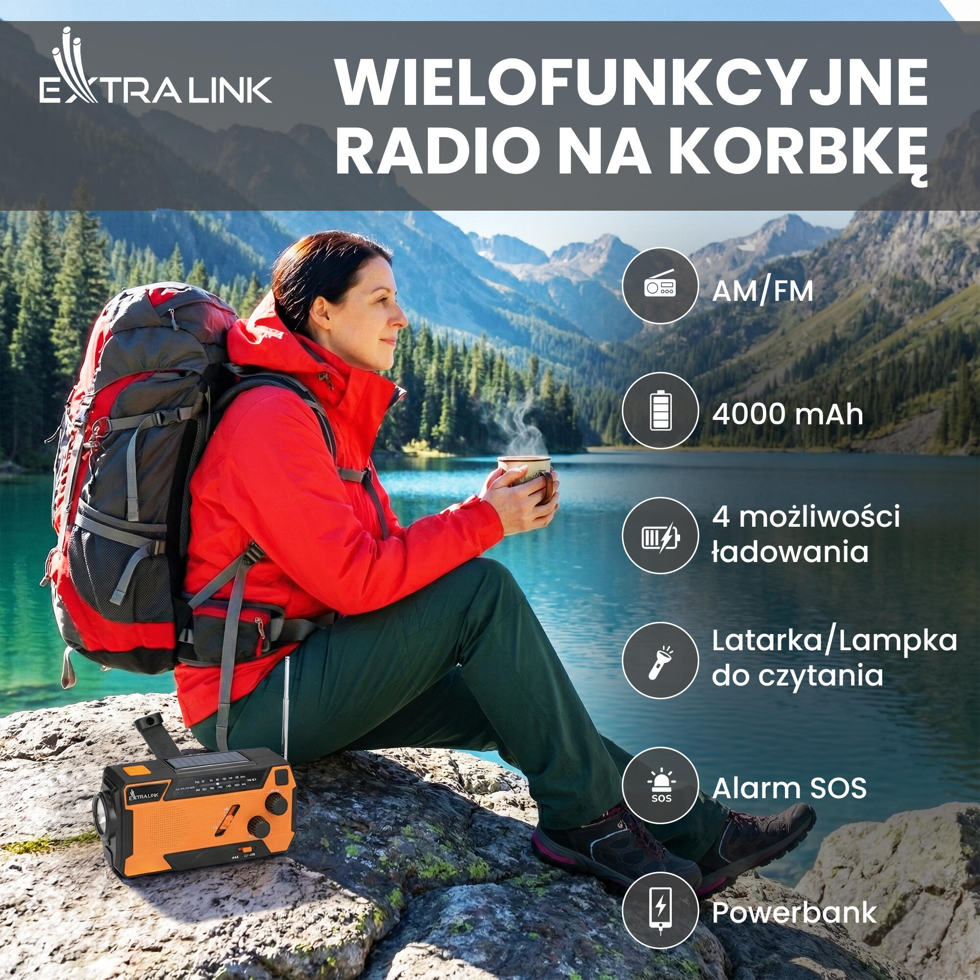 PRZENOŚNE RADIO SOLARNE KORBKA SOS DYNAMO AWARYJNE LATARKA POWERBANK 2/7