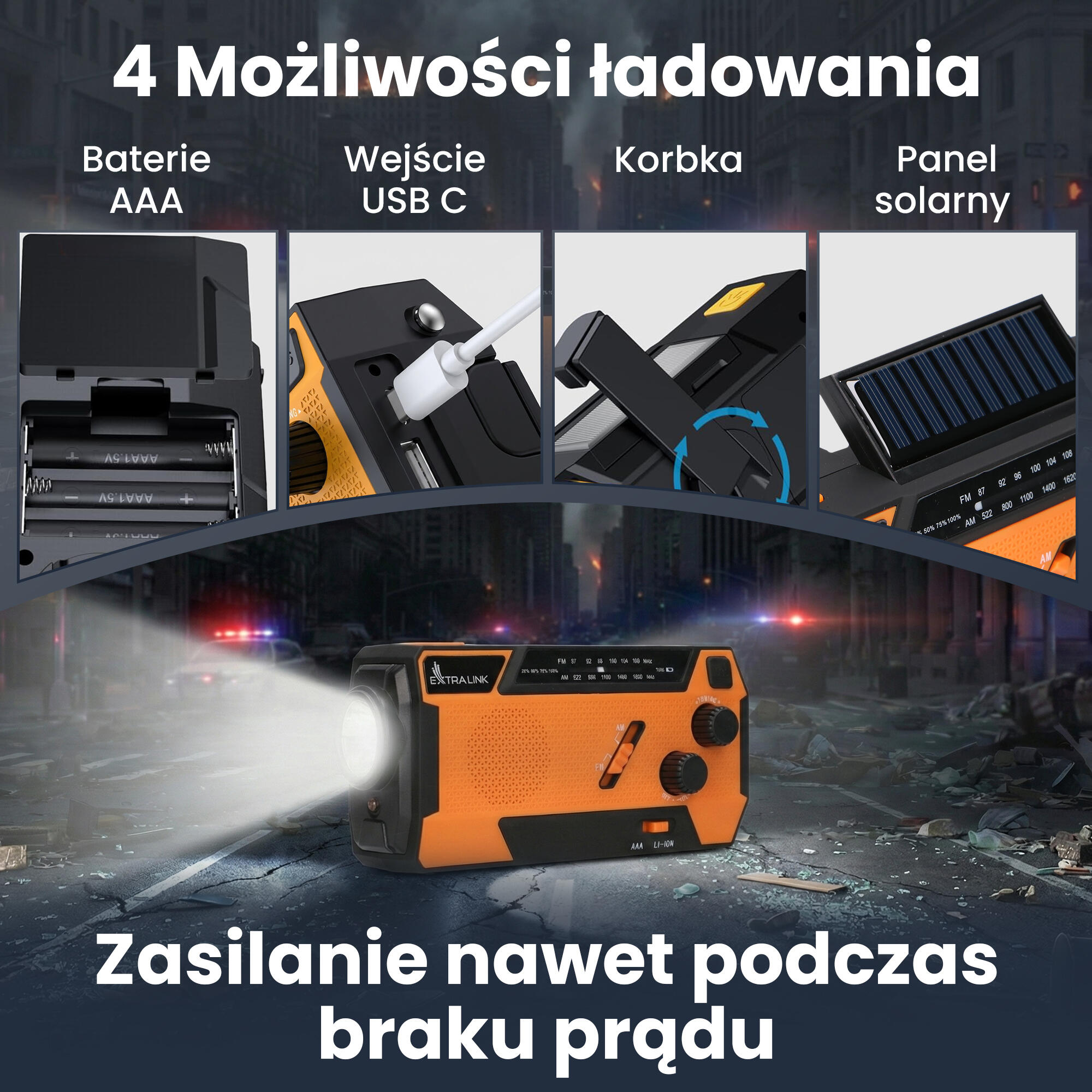 PRZENOŚNE RADIO SOLARNE KORBKA SOS DYNAMO AWARYJNE LATARKA POWERBANK 6/7
