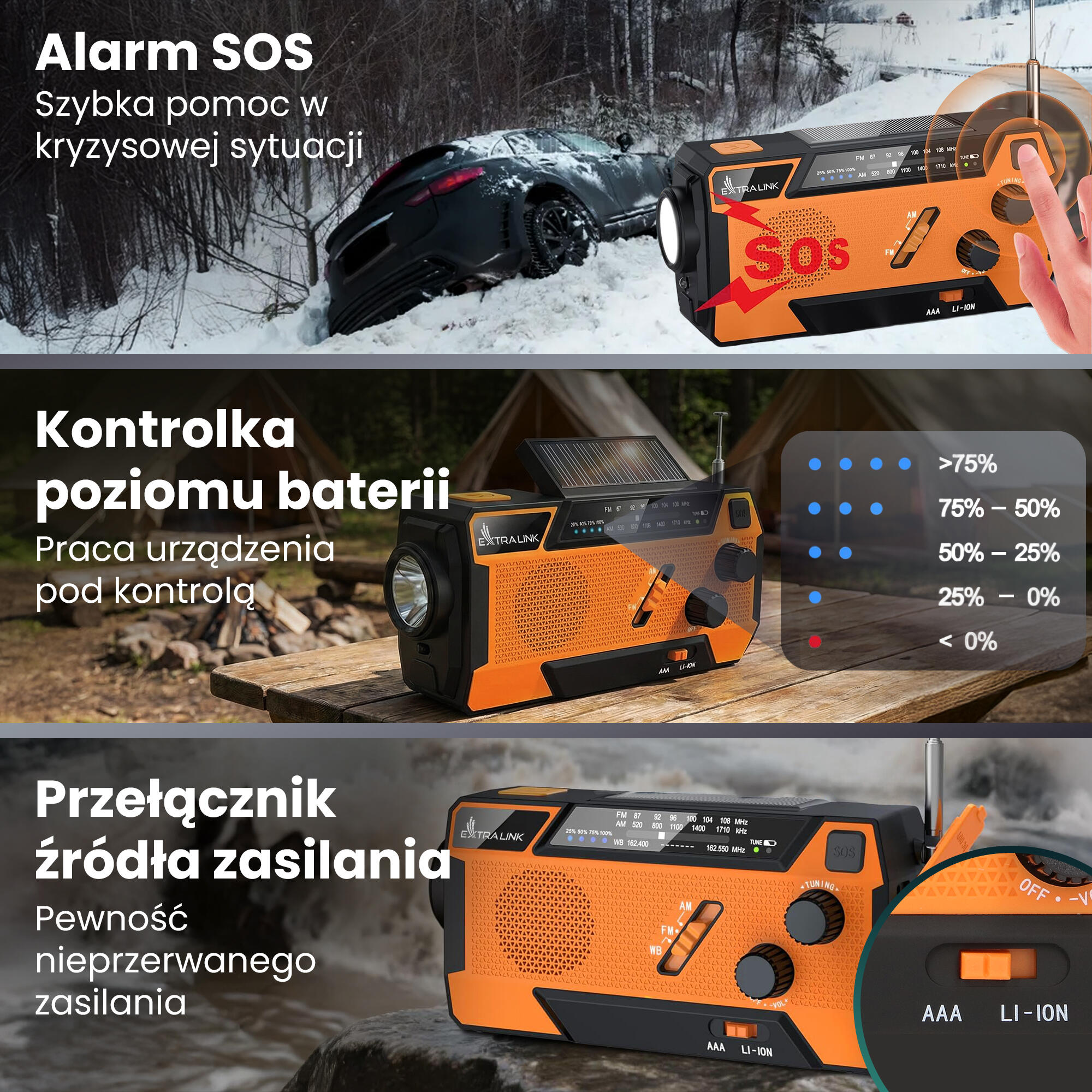 PRZENOŚNE RADIO SOLARNE KORBKA SOS DYNAMO AWARYJNE LATARKA POWERBANK 7/7