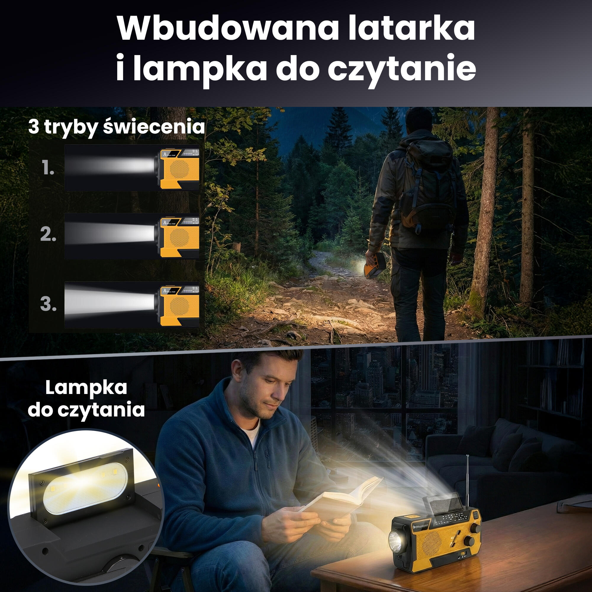 PRZENOŚNE RADIO SOLARNE KORBKA SOS DYNAMO AWARYJNE LATARKA POWERBANK 5/7