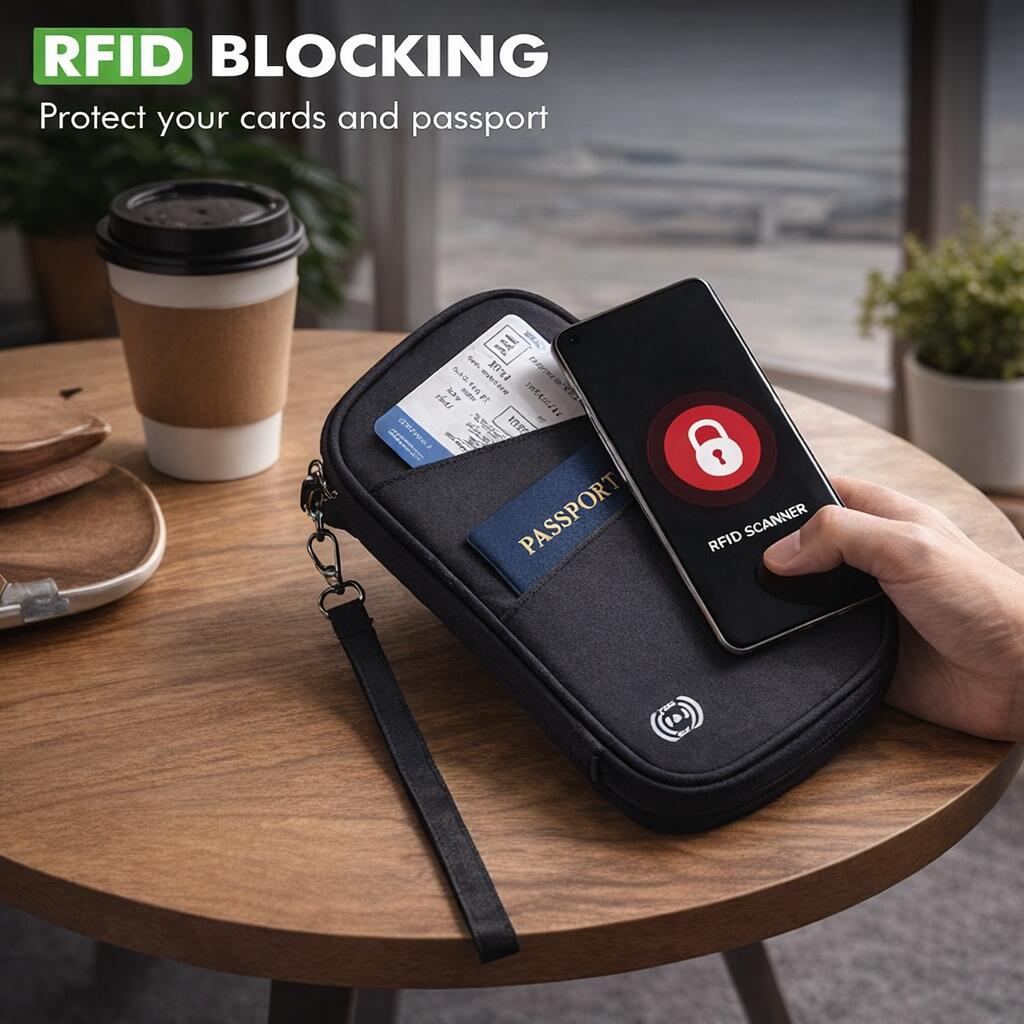 Lrocotanc Porta passaporto da viaggio con blocco RFID – Custodia portatile nera per passaporto, impermeabile porta documenti viaggio per carte d'identità, carte di credito e documenti