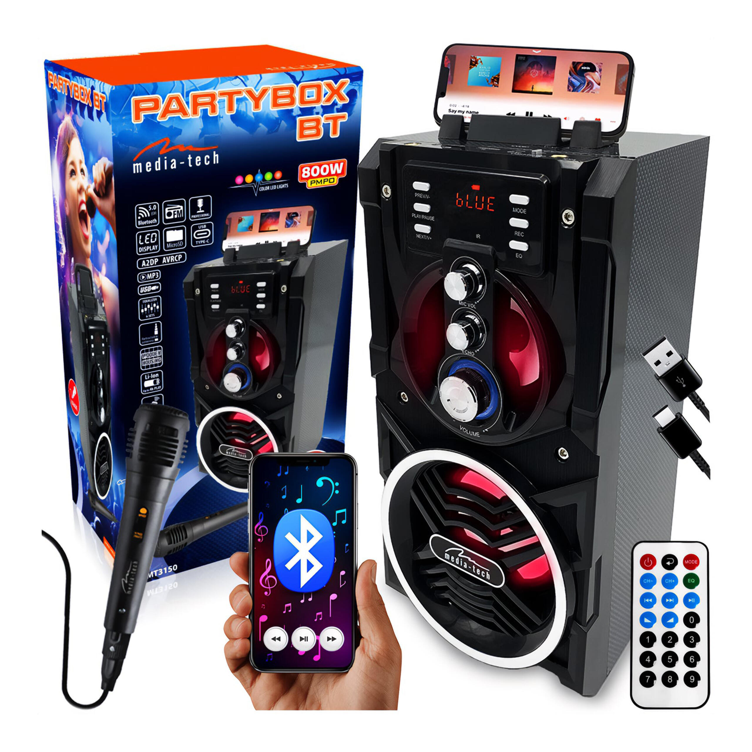 GŁOŚNIK PARTYBOX MT 3150 Media-Tech BT 800W FM MP3 LED karaoke z pilotem 1/4