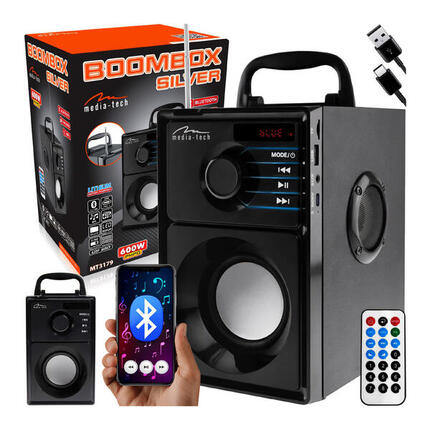 GŁOŚNIK BLUETOOTH MT3179 Media-Tech kompaktowy stereo 600W FM MP3 pilot SILVER
