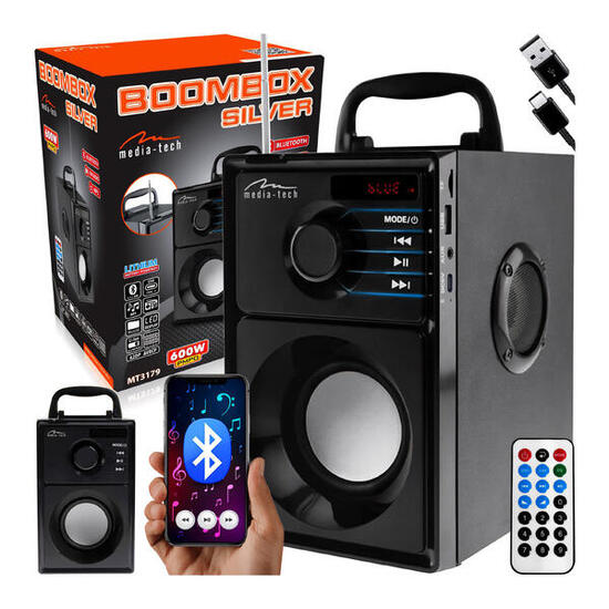 GŁOŚNIK BLUETOOTH MT3179 Media-Tech kompaktowy stereo 600W FM MP3 pilot SILVER