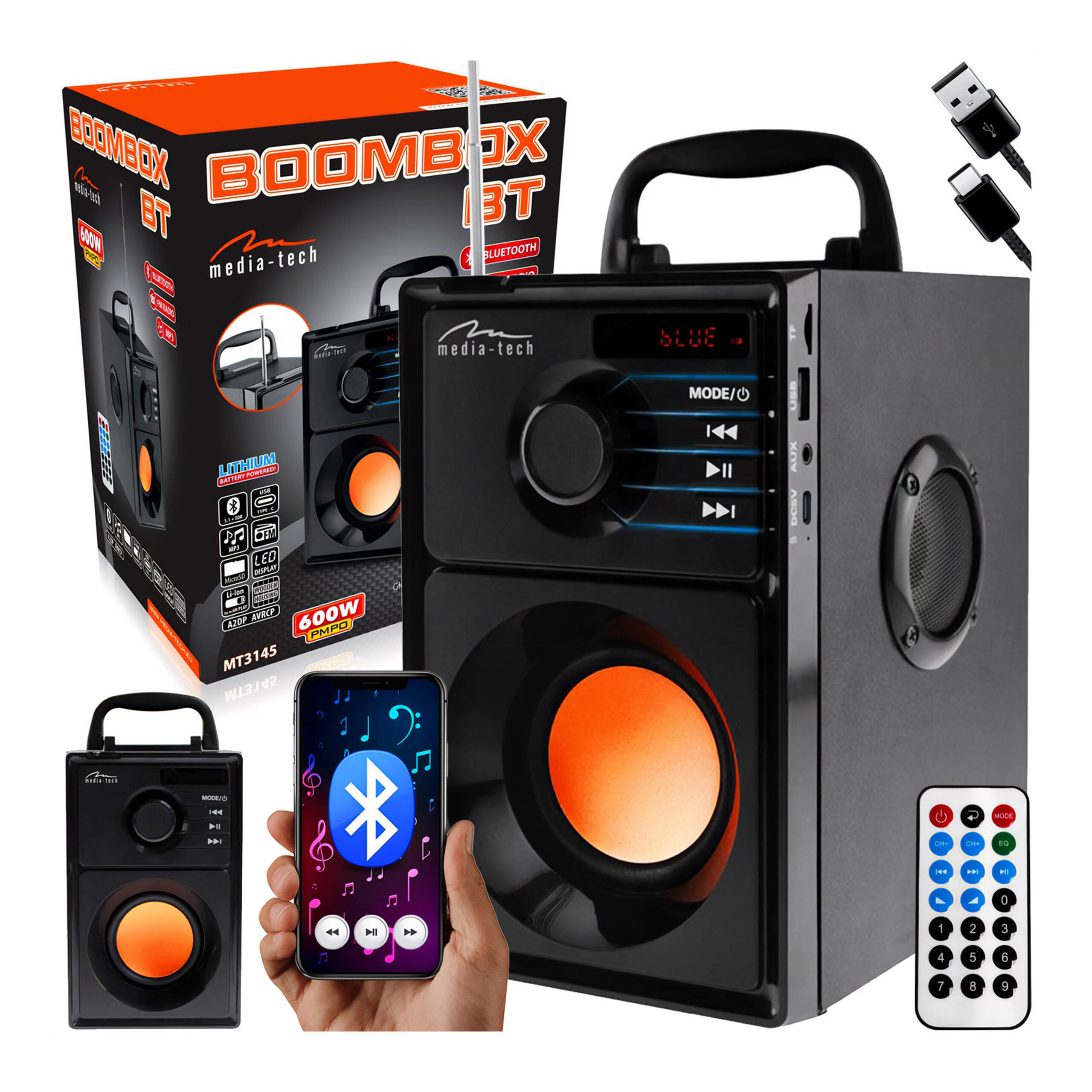 GŁOŚNIK BT Media-Tech kompaktowy stereo 600W FM MP3 z pilotem Boombox 1/5