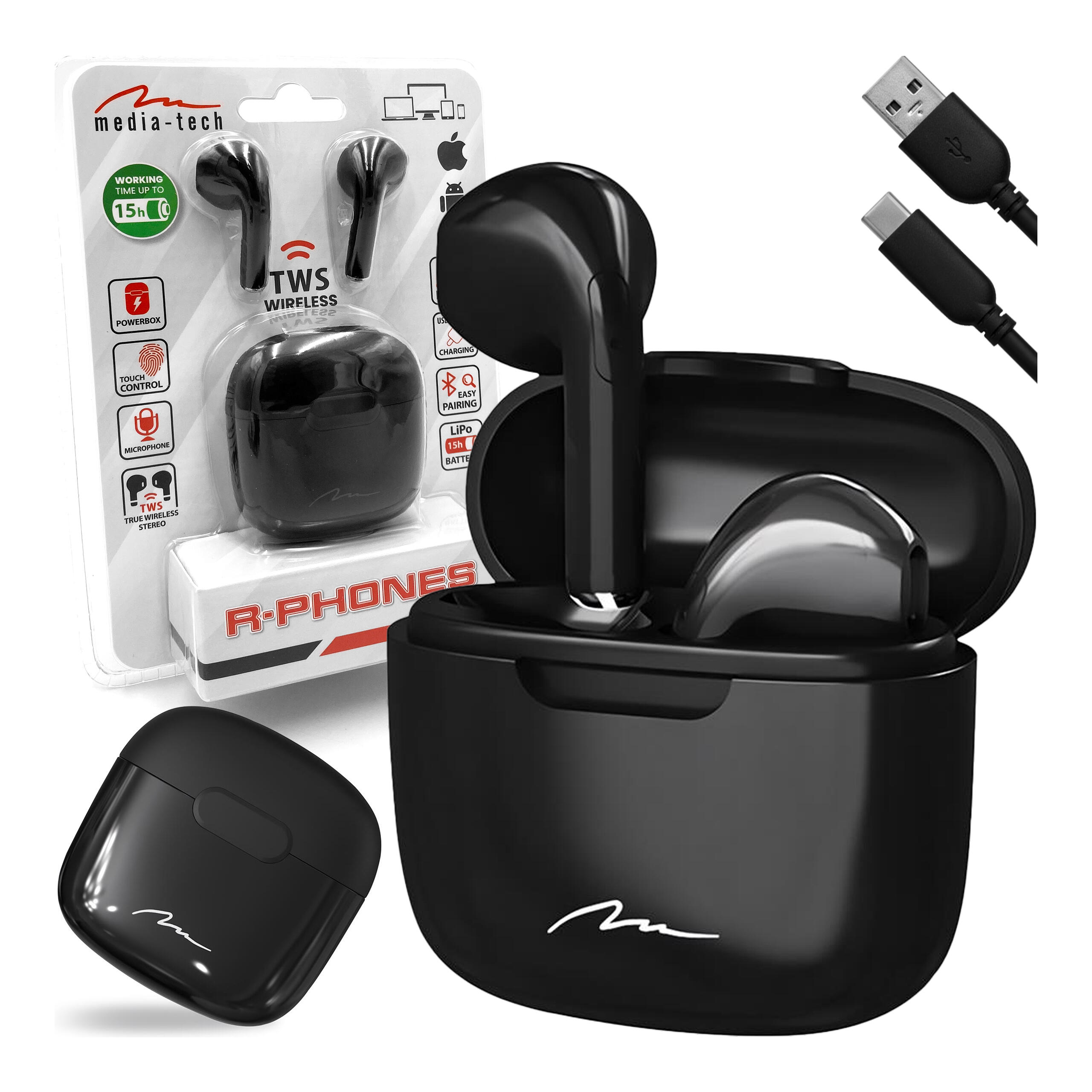 Słuchawki Douszne Bluetooth R-PHONES TWS MT3589K V2.0 czarne z etui USB-C