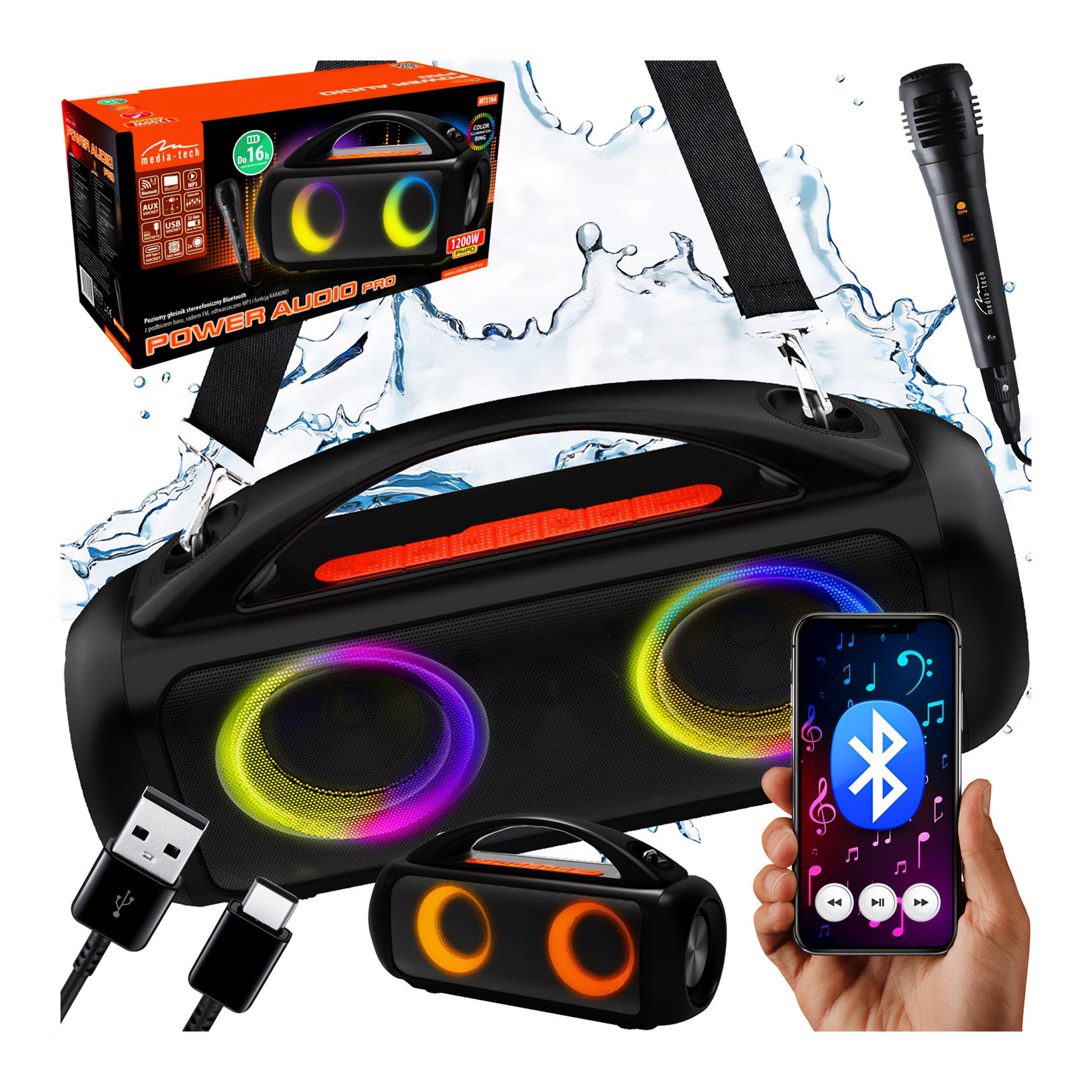 GŁOŚNIK AUDIO PRO Media-Tech Bluetooth 5.3 TWS IPX5 60W mikrofon pasek 1/5
