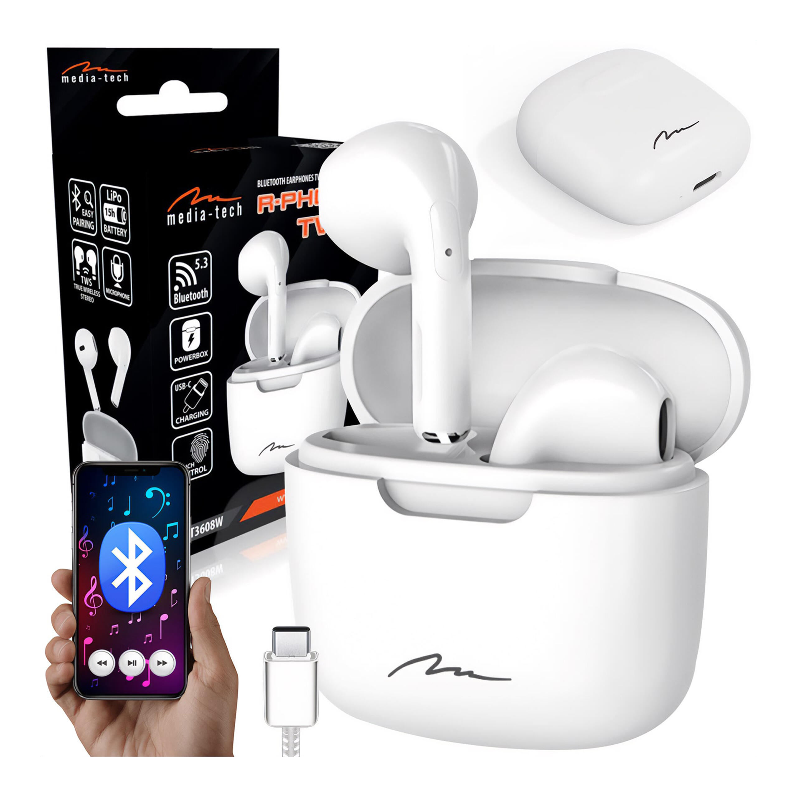 SŁUCHAWKI DOUSZNE TWS Media-Tech Bluetooth 5.3 z powerbankiem USB-C białe 1/3