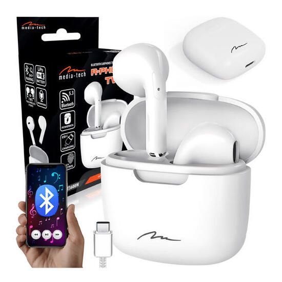 SŁUCHAWKI DOUSZNE TWS Media-Tech Bluetooth 5.3 z powerbankiem USB-C białe